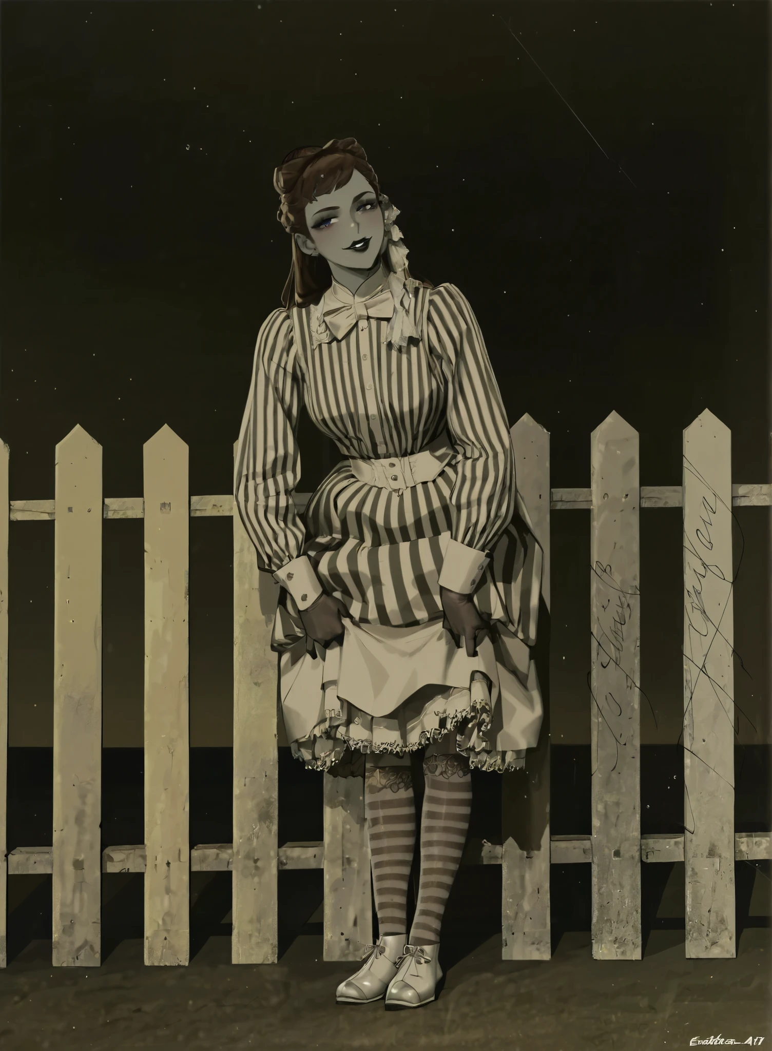 Esther Smith as a sexy 15yo redhead Gibson Girl, (((flirting:1.5))), wearing a (((1900_dr3ss))). High-collar gown, lifting her skirts revealing her silk stockings and buttoned ankle boots. Pinky fingers extended. Voluminous Gibson Girl updo. Edwardian setting. Gorgeous face, makeup