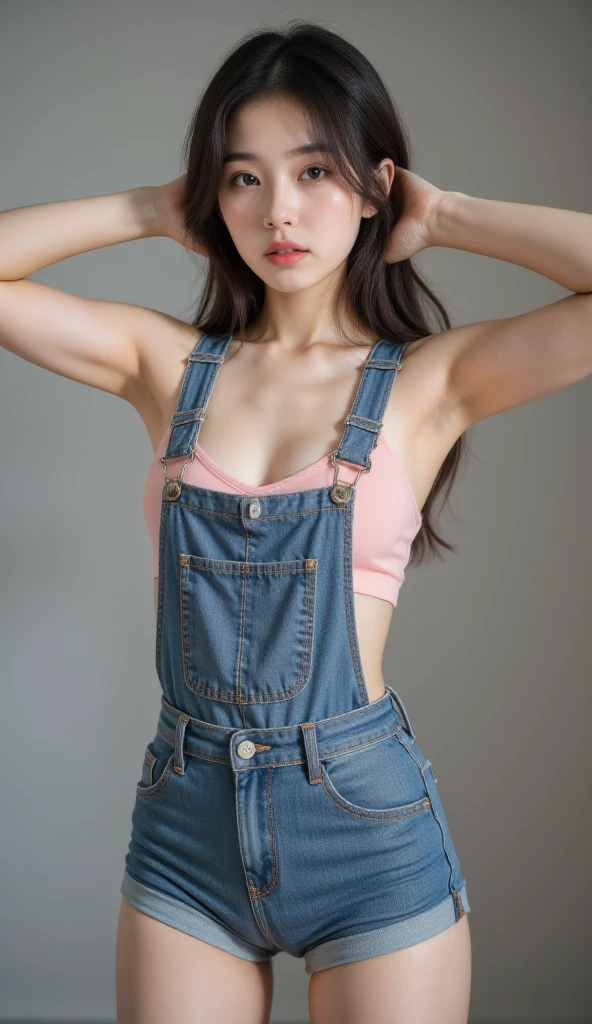 pho3b3cat3s photo, Beautiful woman, ((24-years-old)), street, naked, denim overalls, 1980s, retro, long wavy black ponytail, (masterpiece), (Highly detailed CG Unity 8K wallpaper), Complex, ((realistic)),