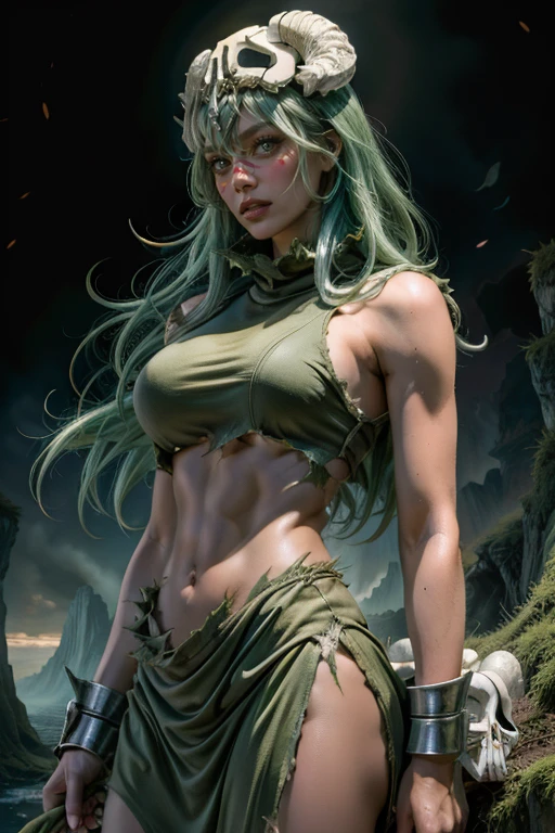 1girl, ((big chest)), (cut abdomen: 1.1), (perfect body: 1.1), (toned body:1.3),(athletic body), ((braided long green hair):1.4), ((Green eyes )), ((eyes emitting a green glow):1.3), full body, (dark elf), ((dark skin):1.4),(skin texture, detailed skin), ((barbarian outfit):1.3) , wearing extremely detailed and richly detailed sewn and beaten antique leather breastplate, richly detailed sewn antique leather shorts, wide belt lying on the side, body with many highlighted and detailed scars, image depicting an elven warrior after battle, some scratches, marks on the body, very serious and concentrated expression wandering along the river bank. (((war equipment))). (extremely detailed 8k CG wallpaper), (extremely delicate and beautiful), (masterpiece), (best quality: 1.0), (ultra high resolution: 1.0), beautiful lighting, perfect lighting, realistic shadows, [high resolution ], detailed skin, ((skin texture)), super detailed