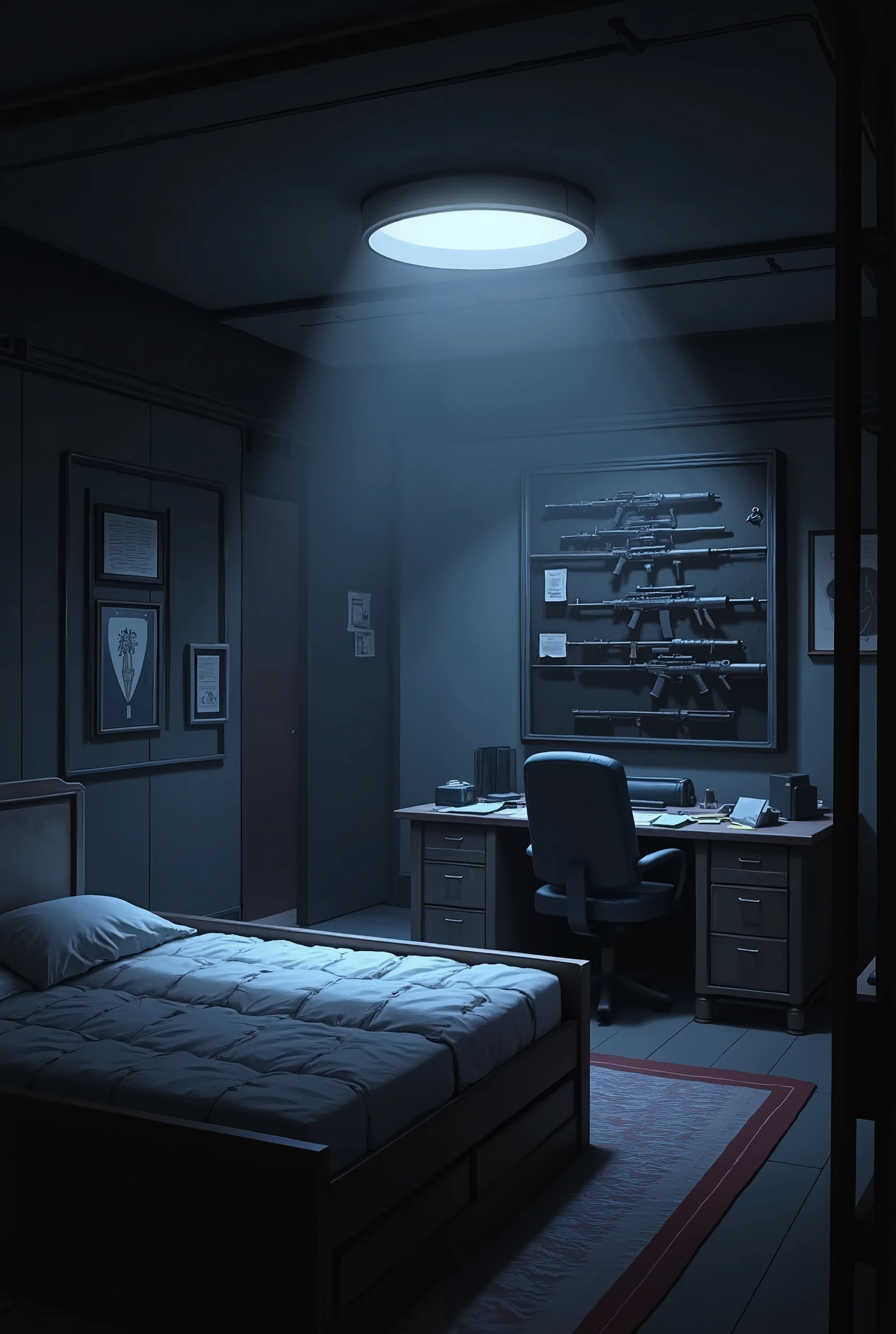 A colonel's spacious dimly lit room. The space is large, practical, spartan-just a bed, a desk cluttered with classified reports, and a weapons rack lined with an arsenal of deadly precision. A single overhead light flickered, casting long shadows against the walls. Dim light. Intimate, gloomy atmosphere. the sheets are matted.
