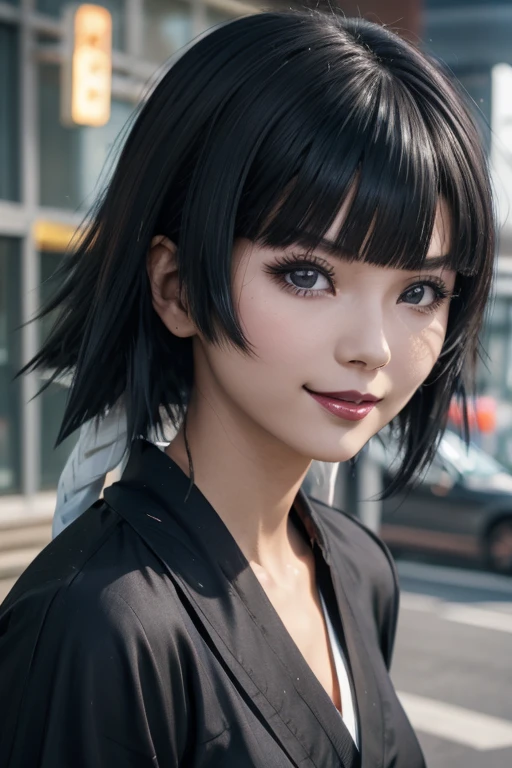 anime girl with black hair and black shirt and tie, flat anime style shading, anime style portrait, made with anime painter studio, detailed anime soft face, in an anime style, semirealistic anime style, anime style character, anime shading), demon slayer rui fanart, sui ishida with black hair, kawaii realistic portrait, in anime style, ( ( deep white eyes ) )、Bob Hair、white iris、White Eyes、Transparent eyes