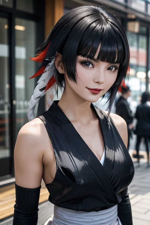 sfw, a close up of a person with short hair and a black kimono, soifon, soifon from anime bleach, as an anime character, perfect anime face, she has black hair with bangs, female anime character, anime character, anime best girl, hime cut hairstyle, black hair, (red glossy lips:1.3), blue eyes, smile, realistic, ultra detail, city background, (beautiful face:1.3), wearing bra,((skinny waist)), young asian girl, ((big breasted)),