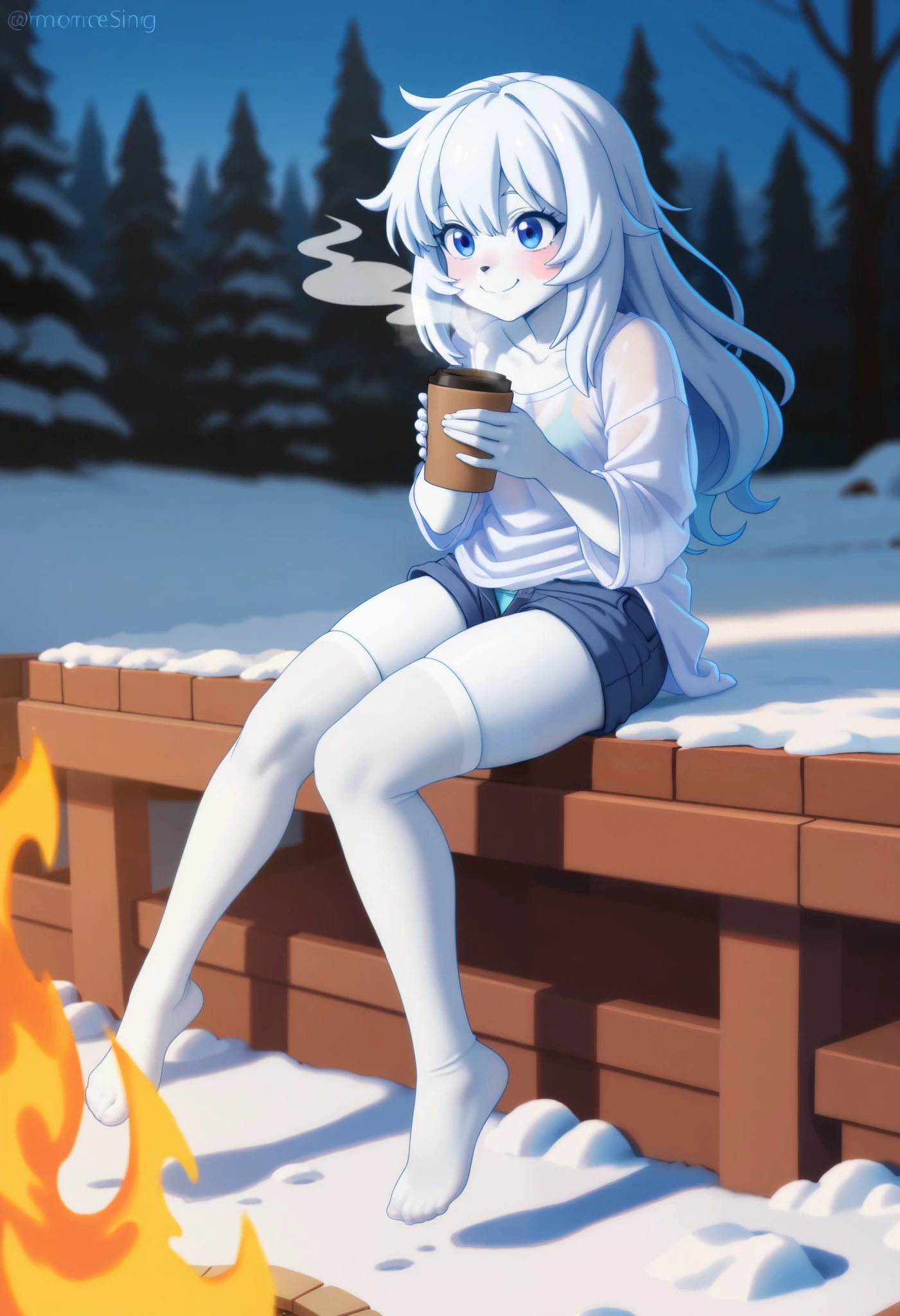 ( masterpiece, highest quality ), 1 girl , pechos pequeños, Loose shirt, transparent shirt, panties over the waist , tall white stockings, shorts, open pants, sitting on the terrace , Tomorrow, snow melting in the sun,sipping hot coffee ,Steam coming out of the coffee ,cold, bright and warm colors,sun rising, Smile,Backyard,lawn, blue eyes, white skin, blue eyes, blushed cheeks ,tip of the blushed nose , legs hanging ,great height,without shoes,Fire next to you , snow falling slightly