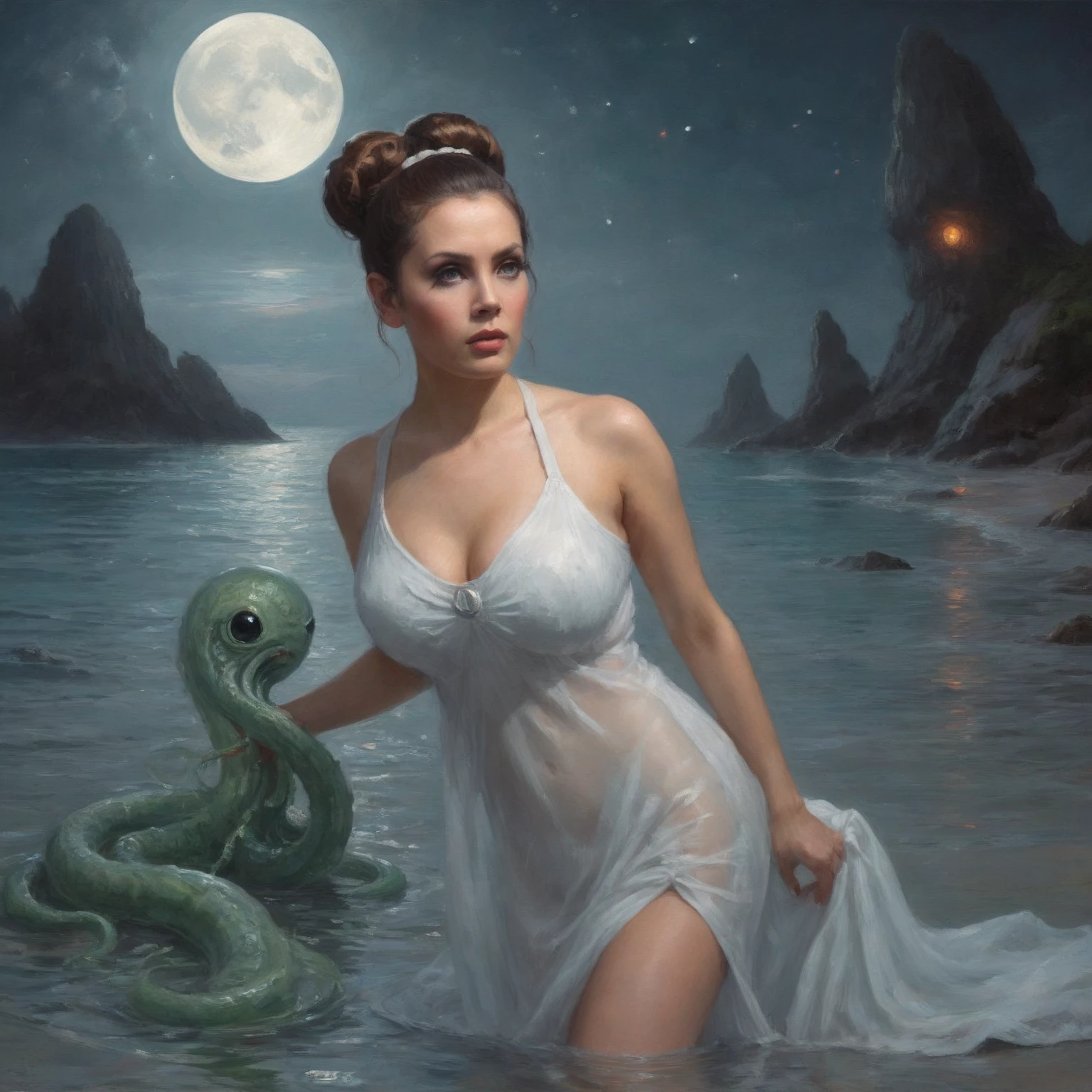 (Mila Kunis, 25 years old, in a sheer nightgown, in a trance), is being swallowed into an eldritch UFO, tentacles caress and push her into the opening as they remove her clothes, flying through the night sky