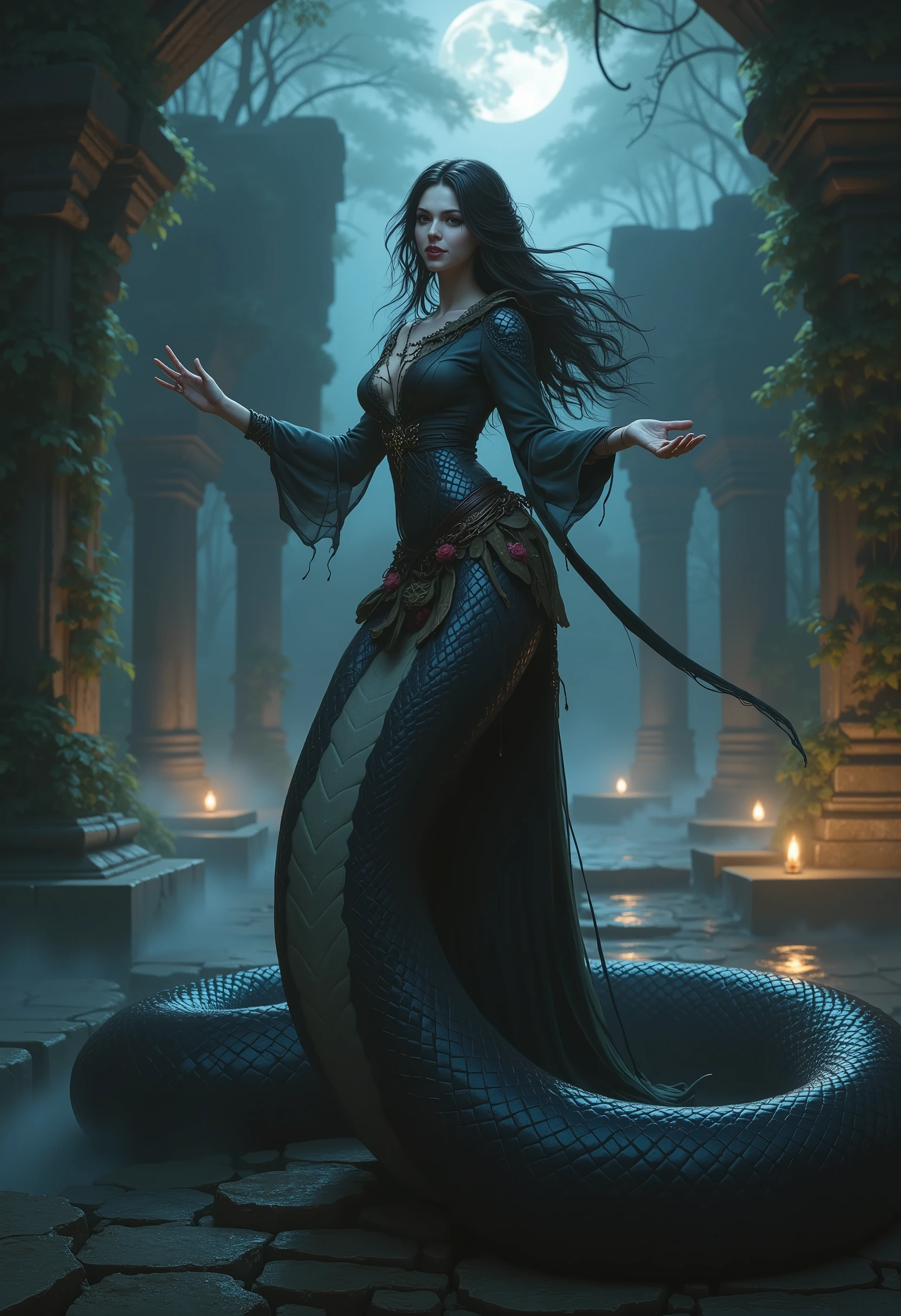 Character: Serpent Woman
Appearance: Scaly skin, snake-like lower body, long dark hair flowing in waves, piercing eyes, fangs visible
Expression: Mysterious, slightly menacing, with an alluring smile
Action: Coiling around a stone pillar, her hands raised as if casting a spell
Location: Ancient temple ruins, surrounded by overgrown vines and mist
Background: Dimly lit jungle with shafts of moonlight breaking through thick trees, mist swirling around
Style: Dark fantasy, mystical realism, high detail
Camera settings: Low-angle shot, shallow depth of field, focusing on her upper body, bokeh effect in background
Lighting: Soft, ethereal light with some strong contrasts, moonlight highlighting her face and body
Rendering: High resolution, realistic textures, intricate details on scales and clothing