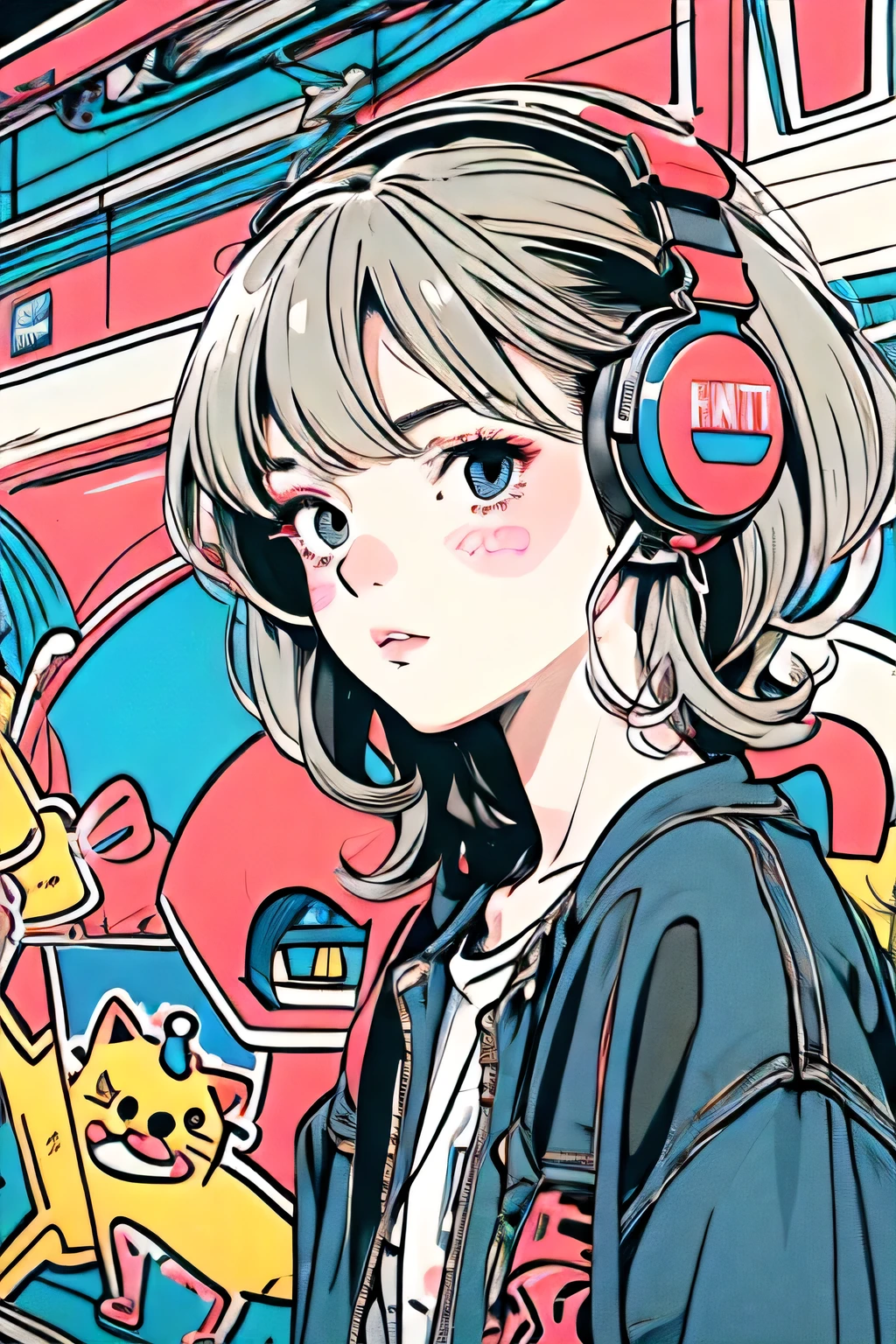  cute girl, cat,, headphones, Keith Haring style graffiti,sharpie illustration,Monochromatic, grunge beauty style ,mixed pattern , text and emoji installation ,
