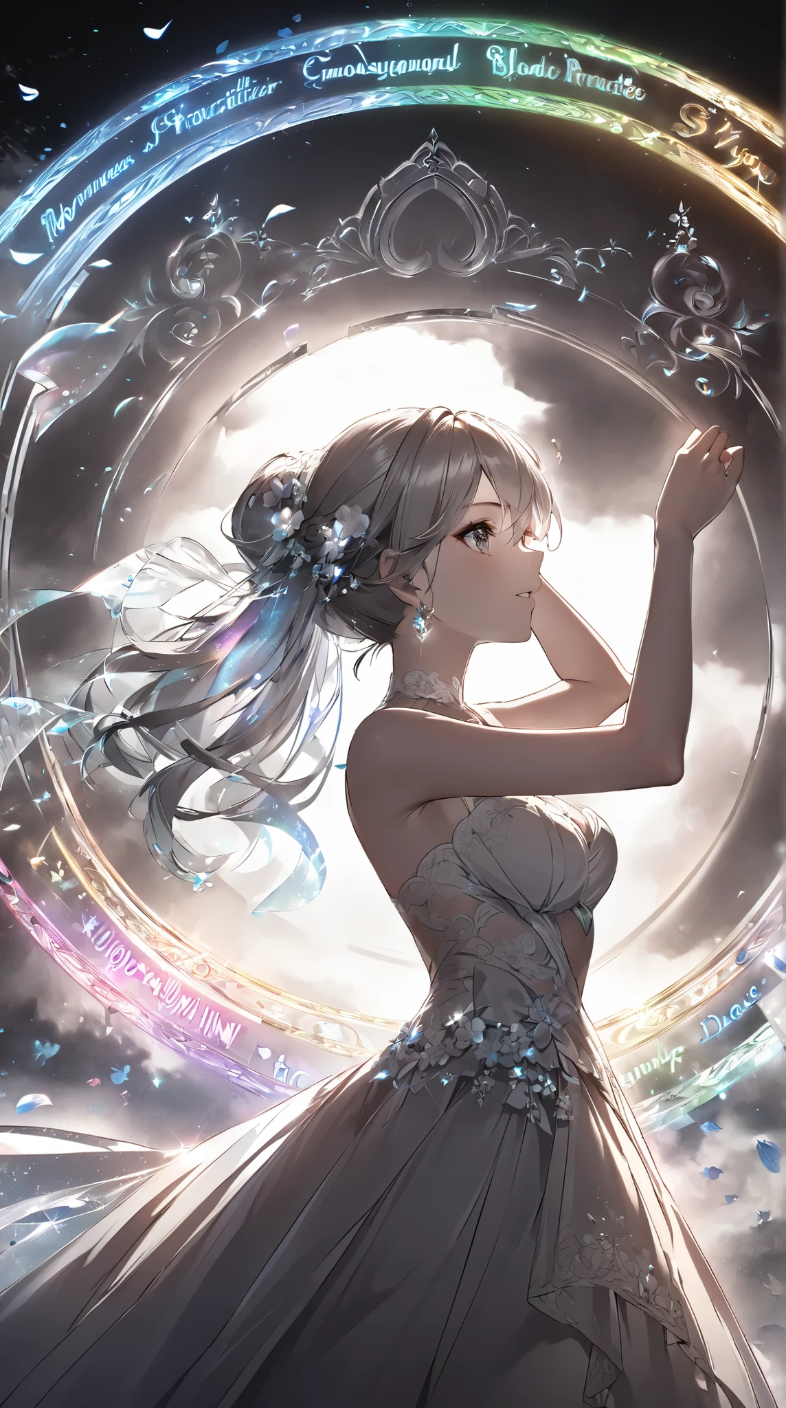 best quality , very good, 16k, very high resolution , p4chie , 2.5D, Delicate and powerful , tie your hair up, wearing beautiful princess dresses , lots of translucent and transparent rainbow flowers . , dance, ( blur effect , Blurred image, High speed : 0.5), wind, wind effect, Glitter Effect , Measurement สุด, Measurement , 16k, , Many details , Delicate and powerful , mystery , large art structures made of chrome-plated and mirrored structures a , After the rain , Sunlight shining through the gaps between clouds , mirror rainbow 、 display analyzer , colorful petals falling off , fog covered grass , creates amazing visual effects , Break , Magic Circle, close-up of upper body (Monochrome , ความงามแห่งการdance, emotional expression , Horoscope s , Horoscope , Tarot Reading )