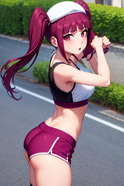 Ultra realistic 7 year old girl, pigtail hair pink, top medium breasts, sexy, smug face, sonrisa, posando, school gym, back view, voltea mirando hacia el frente, mojada, sudada, concentrada, volleyball, tight panties, recibo de balon