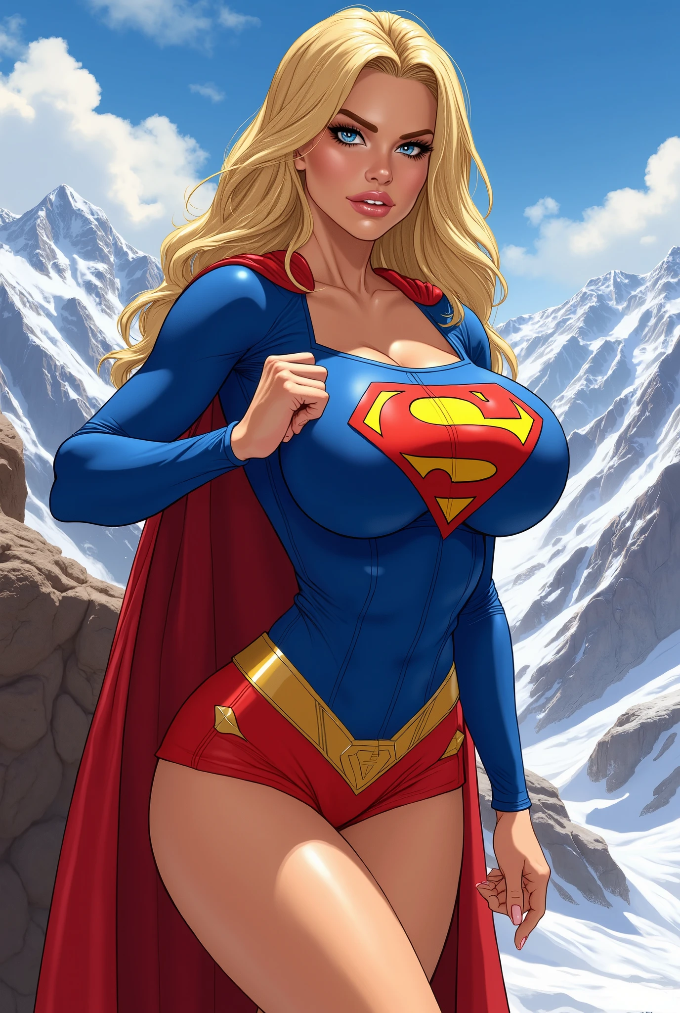 Depict a powerful female, large breasts, superhero with blonde hair, dressed in white with a red cape, standing heroically before a statue and cloud-filled sky. Fighting evil giants cocks. Hyper realistic photo, vibrant colors, 16k
