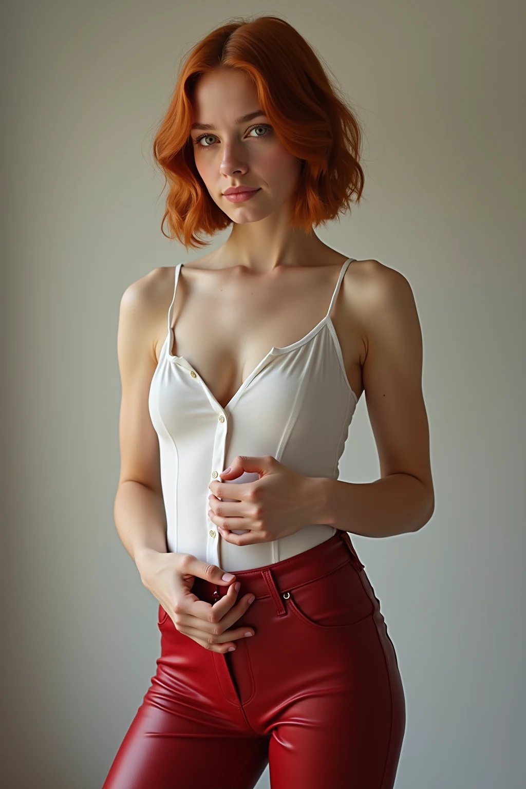 Allison Scagliotti, A girl with red hair, bobcut hairstyle, full body shot, detailed eyes and face, cardigan, bare legs, short hair, asymmetric haircut, inverted bob, 