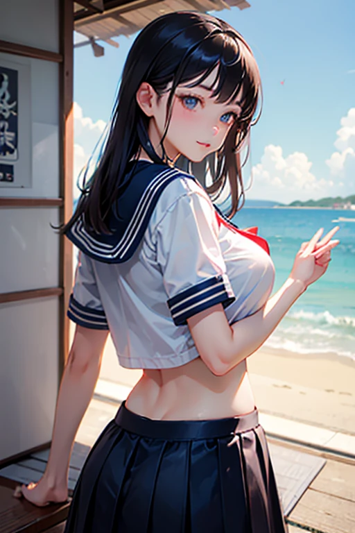 (masterpiece), best quality, 1girl, , flat breast, black hair, very long hair, looking at viewer, No wearing bra, Nipple protrusions push up the uniform, No wearing panties, nude butt, anal, pussy is visible,
White sailor suit with short sleeves, Short length sailor suit, belly button, small breasts are visible between uniform and stomach, Nipples protruding through the sailor suit, covered erect nipples, The material of her uniform is so thin that her breasts are clearly visible, under breasts are visible lower the uniform, lift up sailor suit by herself,
Navy blue pleated micro skirt, micro mini skirt, Super short length skirt with V-line visible, super low rise micro skirt, the skirt too short to visible her hips, white socks,
behind the building, There's a passerby behind her, blush, Alley, down town, Low angle from the front, posing look back,