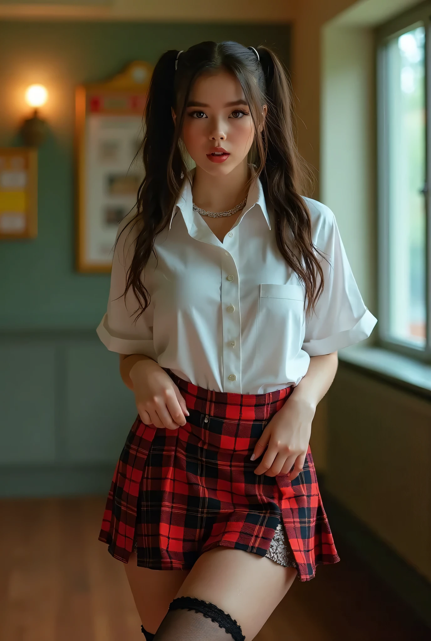 (long range:1.3), (full body:2.0), (Taylor Swift:Dove Cameron:05), super young girl, ((huge breasts:1.3)), ((huge cleavage:1.3)), male gaze, erotic glamour photograph, (erotic pose), (school photo), (in school),( slim waist:1.5) , bare heavily muscled belly, ultra mini skirt, plaid skirt, white shirt, beautiful lighting, school tie in her neck, eyes extremely high, two ponytails hairstyle, Lifts random split Skirt.,Long stockings, garter belt, intricate background, highly detailed background, ((very detailed)), ((Ultra realistic)), ((high resolution)), vivid colors, David Hamilton, Russell James, Amber Asaly, Sony Alpha 7 IV camera, 85mm lens, 32K UHD, ultra high resolution digital image, (smooth digital image), highly detailed, shallow DOF, Russ Meyer huge breast exploitation style, taySwift, D0V3C