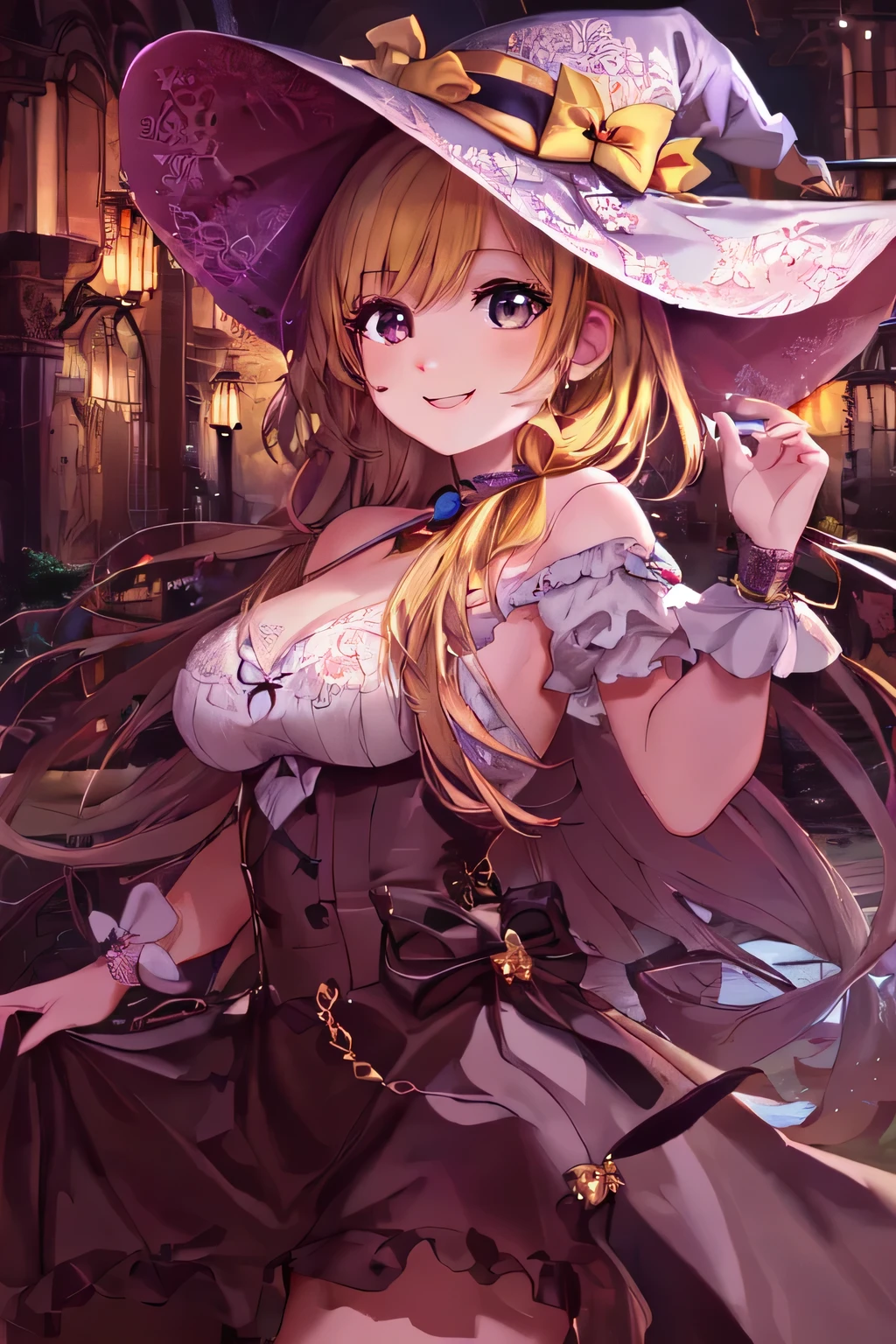 Masterpiece, (top quality:1.2), (Ultra Detailed:1.2), (8K:1.2), 1 very young girl, cute, smile, big black eyes, yellow hair, very big hat