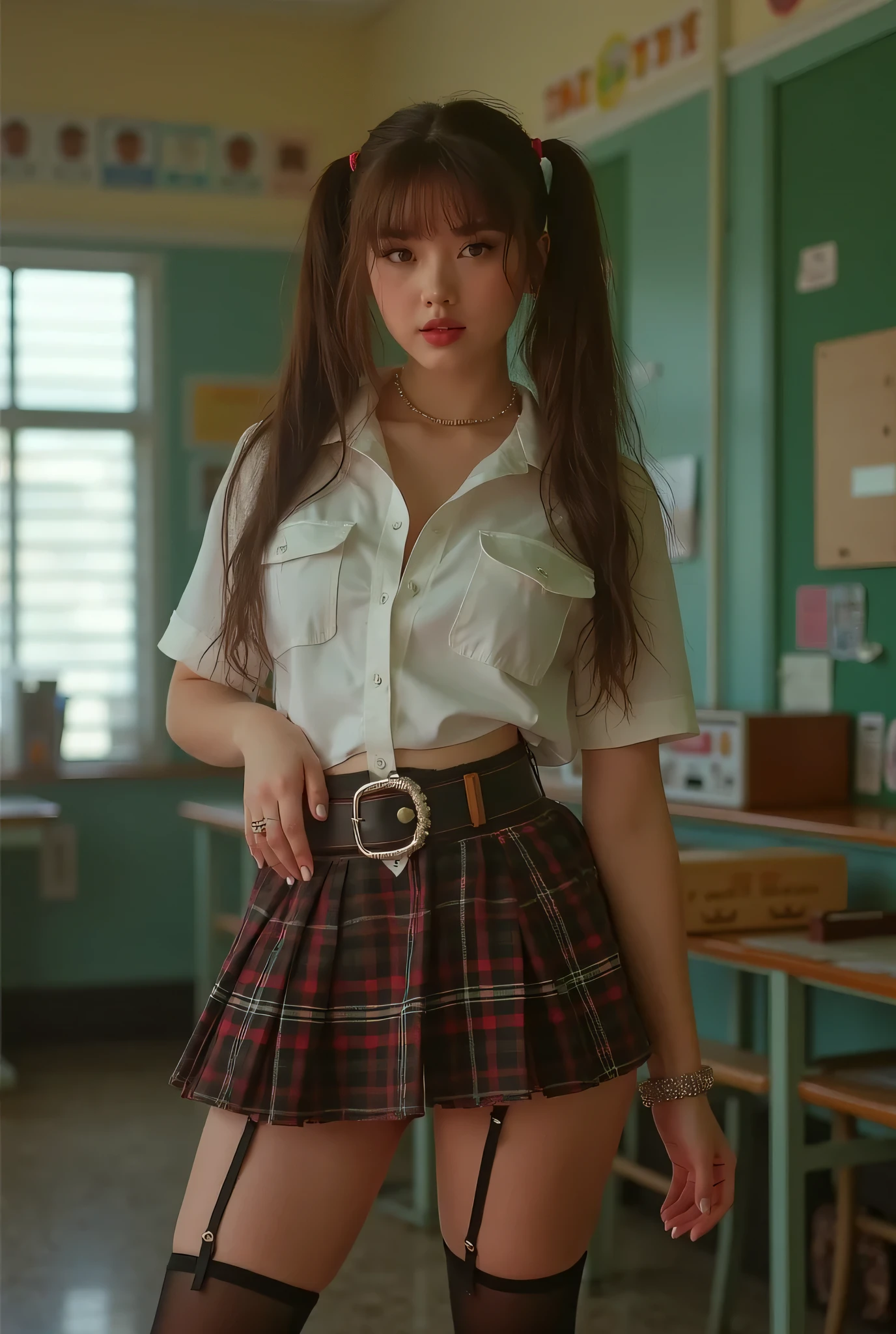 (long range:1.3), (full body:2.0), (Taylor Swift:Dove Cameron:05), super young girl,  ((huge breasts:1.3)), ((huge cleavage:1.3)), male gaze, erotic glamour photograph, (erotic pose), (school photo), (in school),( slim waist:1.5) , bare heavily muscled belly, ultra mini skirt, plaid skirt, white shirt, beautiful lighting, school tie in her neck, eyes extremely high, two ponytails hairstyle, Lifts random split Skirt.,Long stockings, garter belt, intricate background, highly detailed background, ((very detailed)), ((Ultra realistic)), ((high resolution)), vivid colors, David Hamilton, Russell James, Amber Asaly, Sony Alpha 7 IV camera, 85mm lens, 32K UHD, ultra high resolution digital image, (smooth digital image), highly detailed, shallow DOF, Russ Meyer huge breast exploitation style, taySwift, D0V3C