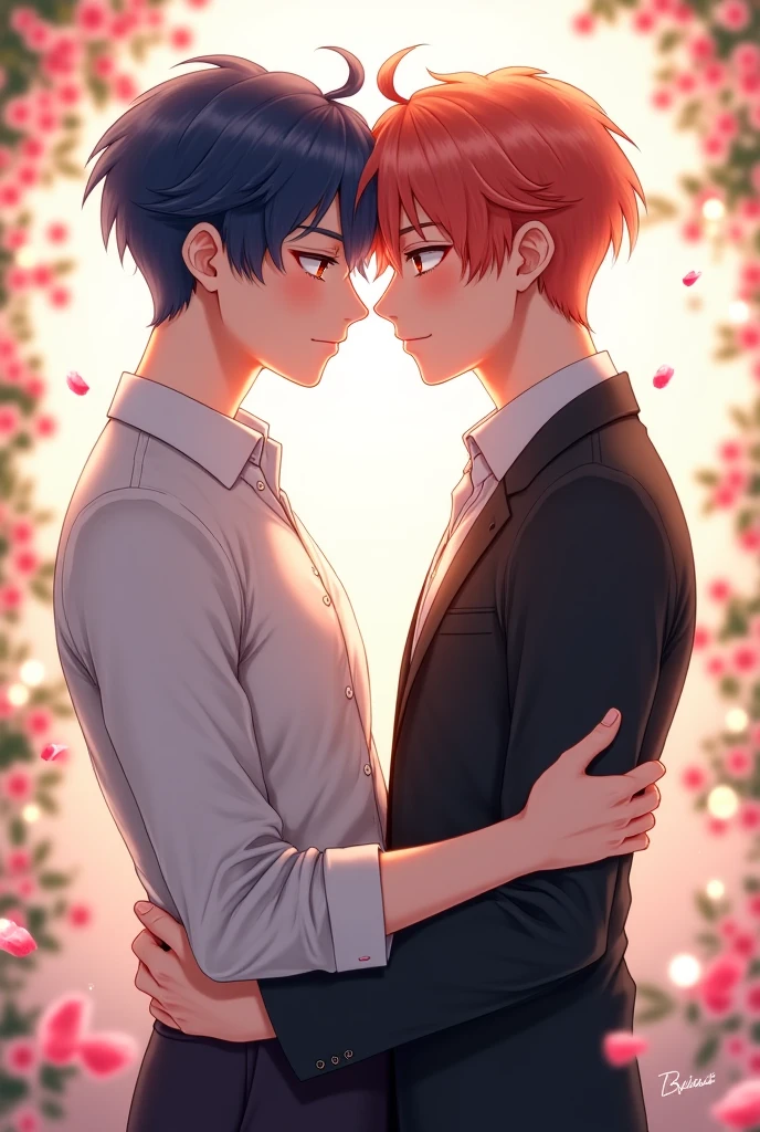 Make a young man with black hair and grayish blue eyes kissing another man with red hair shaved on the sides anime style 