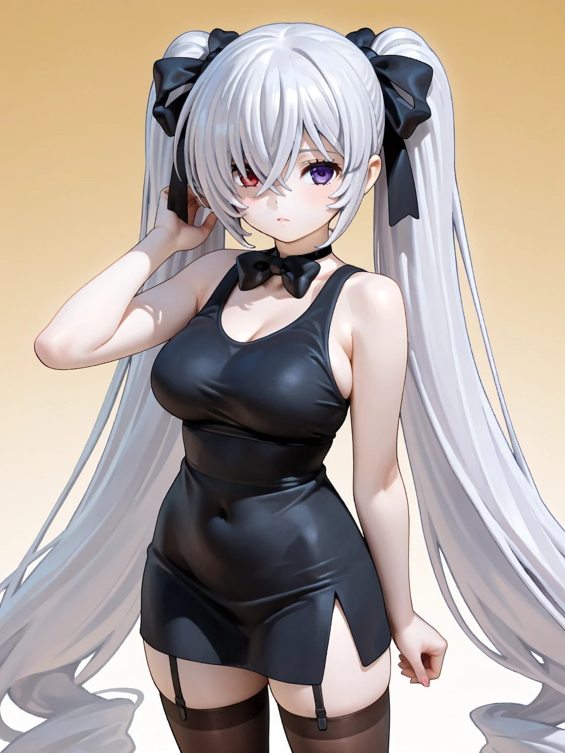 ,(Simple Background), woman alone, View your viewers, Silver Hair,(gigantic sagging breasts), blue eyes, Very long twin tails, Very long hair,black zentai,,Small Ass,skinny,Thin legs,Large Breasts