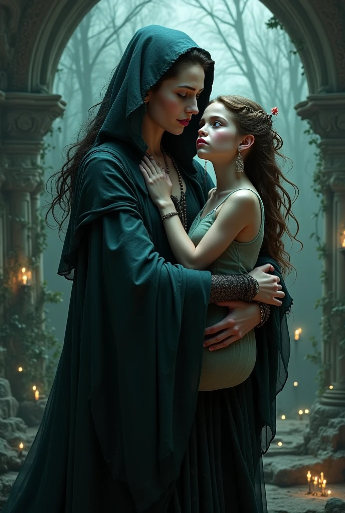 Create an image of an elder sister who is protecting her one and only younger brother who is scared and shedding tears and she is protecting him