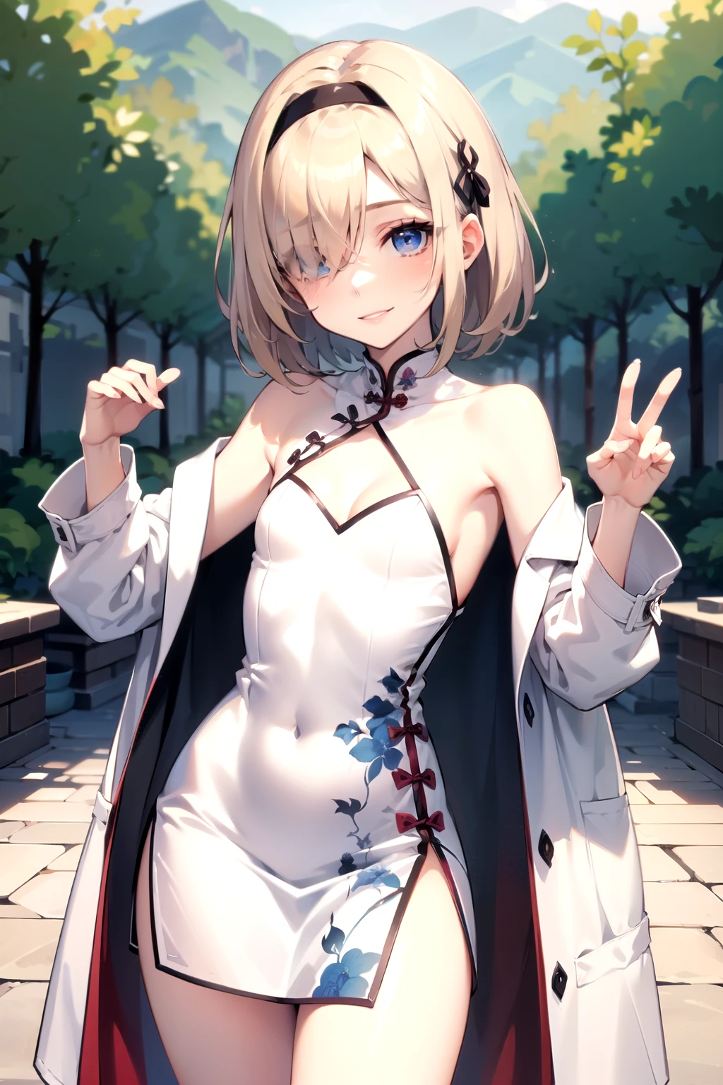Young girl, short size, short hair, blonde, headband under the hair, hair over one eye, blue eyes, bright white skin, Chinese dress, open trench coat, narrow eyes, smile, flat chested.