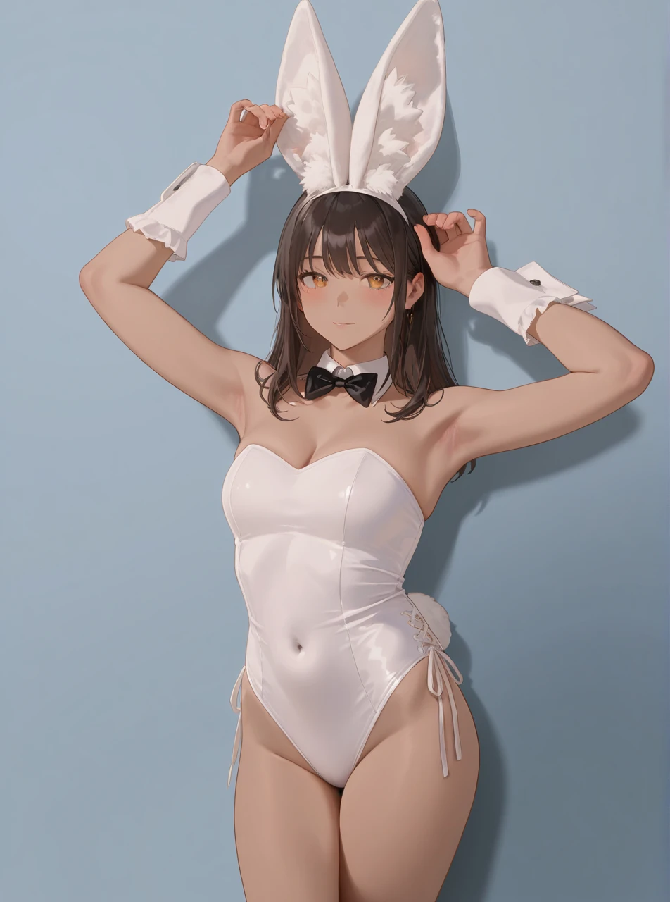 (Queerness at its best), (8k), (High quality illustrations), (Realistic),alone,White leotard,Black tie,Bunny ears,Rabbit&#39;s Tail,Crotch cutout, No crotch, No panties,Bare arms, Wrist cuff, bow tie, Strapless, Cleavage,Pussy