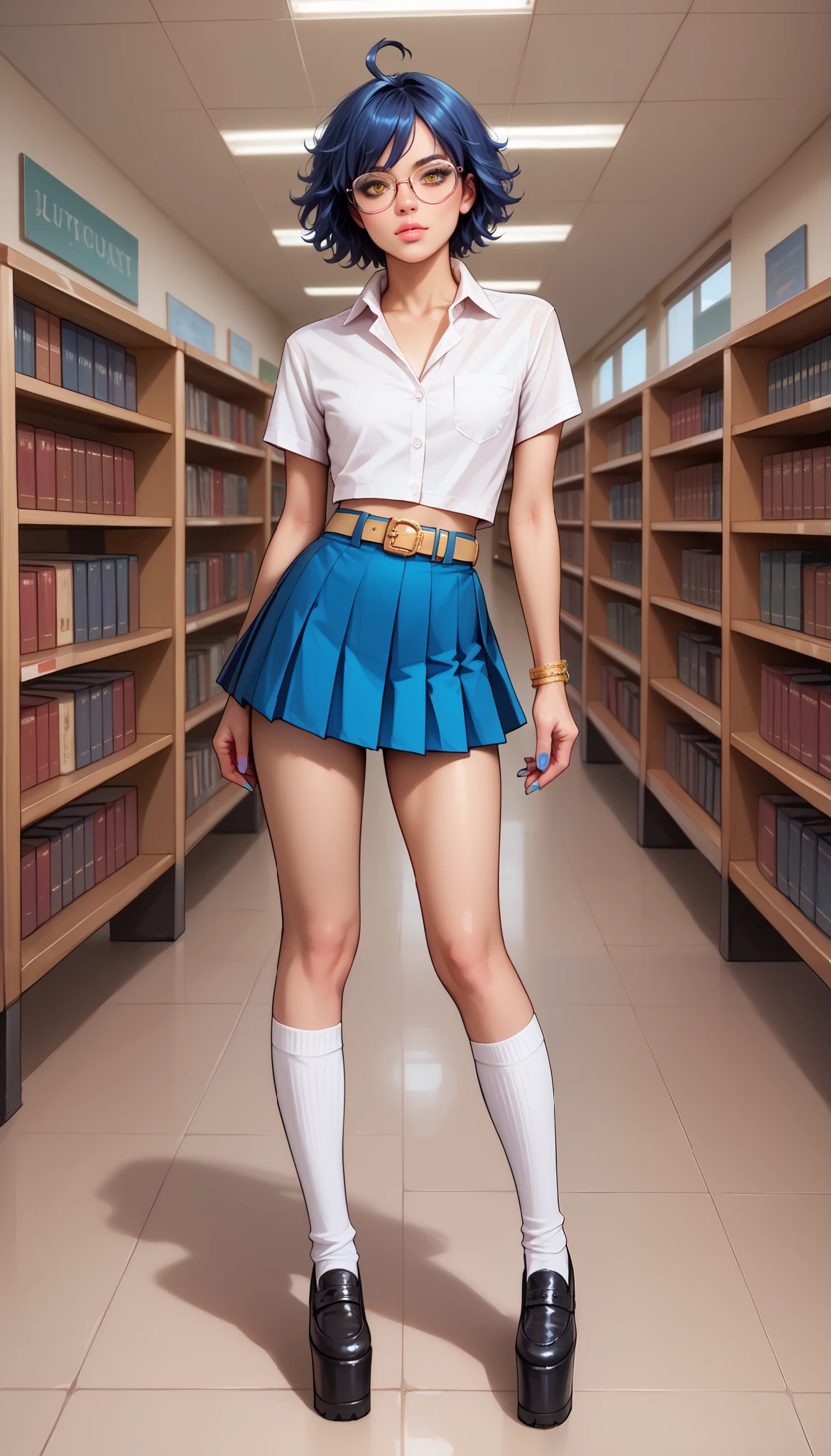 score_9, score_8_up, score_7_up, score_6_up, 8k, high detailed picture, realistic style, masterpiece, very young girl, no panty, perfect absolutely small breasts, disheveled hair, mz, ahoge, short hair, blue hair, yellow eyes, glasses, big brightness eyes, 16k, masterpiece, realistic style, perfect fingers, tomboy, flat chest, circle-glasses, crop white collared shirt, tight pleated blue skirt, belt, very high white socks, black thick platform shoes, AniPnyXLQual, school library, gyarufication, nail polish, bracelet, sluty