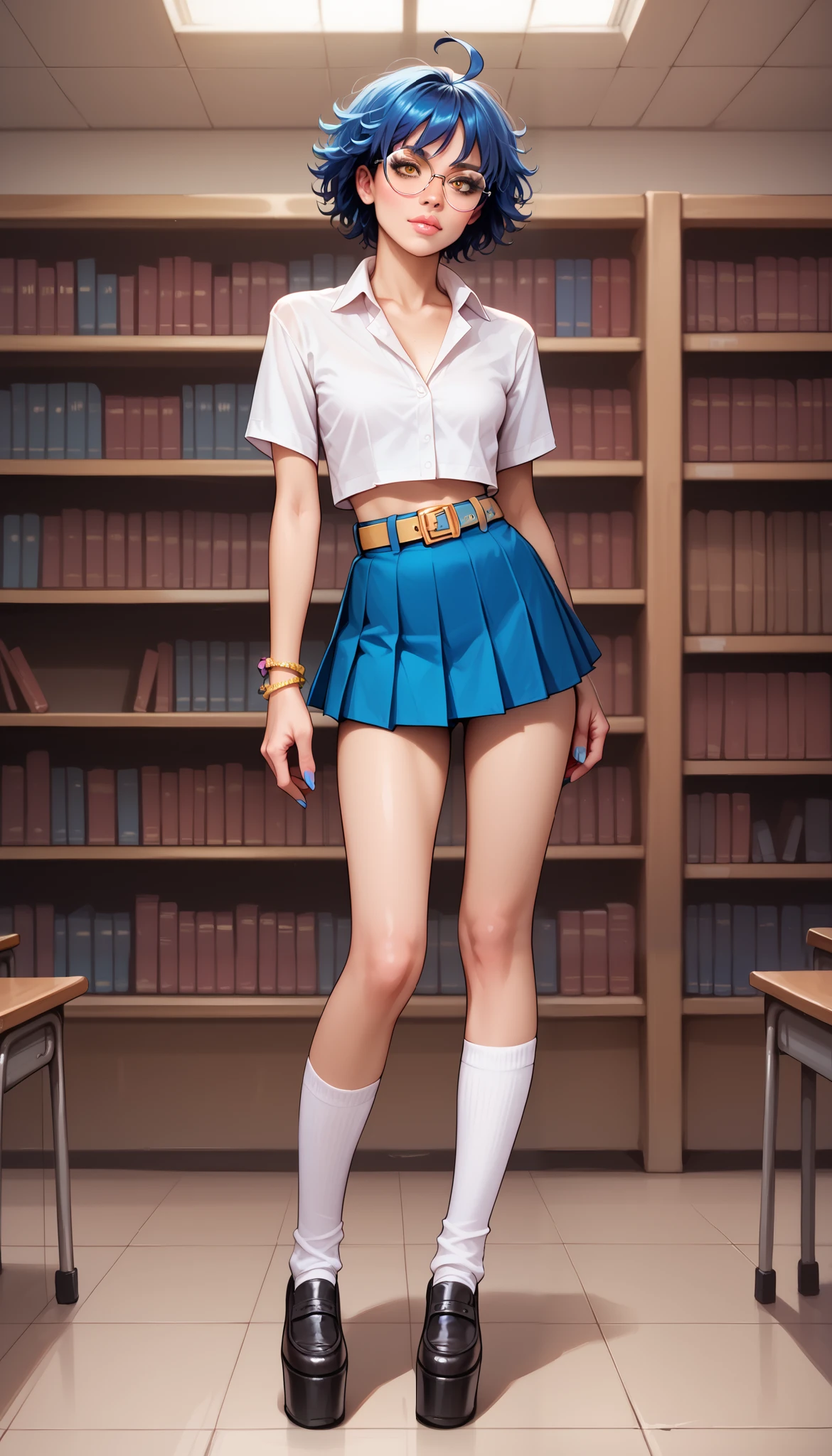 score_9, score_8_up, score_7_up, score_6_up, 8k, high detailed picture, realistic style, masterpiece, very young girl, no panty, perfect absolutely small breasts, disheveled hair, mz, ahoge, short hair, blue hair, yellow eyes, glasses, big brightness eyes, 16k, masterpiece, realistic style, perfect fingers, tomboy, flat chest, circle-glasses, crop white collared shirt, tight pleated blue skirt, belt, very high white socks, black thick platform shoes, AniPnyXLQual, school library, gyarufication, nail polish, bracelet, sluty
