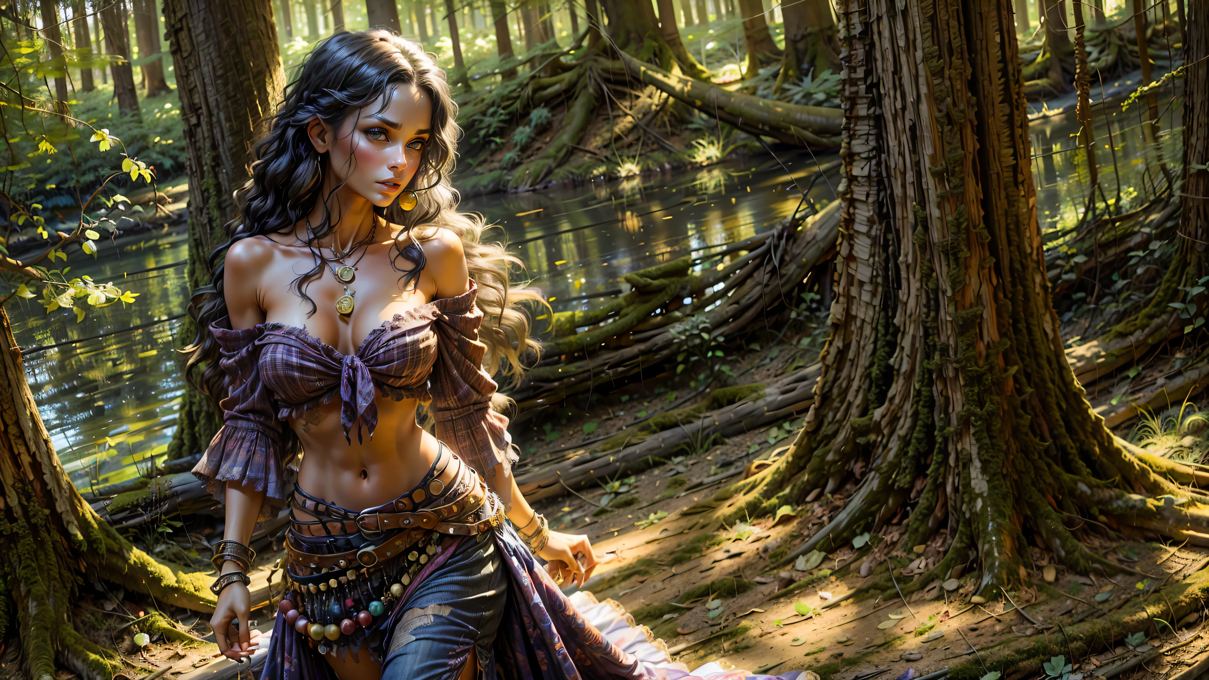 ((1girl, solo)), ((realistic)), Gypsy girl walking in the Louisiana swamp, , young girl, cute girl, fit, ((rear view looking back)), ((ass)), ((skinny)), ((small hips)), ((hair hanging straight down)), ((dark hair)), ((loose top)), midriff, ((top loosely draped over her breasts)), ((can see her breasts through her top)), looking at viewer, sexy, skirt low on hips, cowboy shot, (full body portrait), beautiful lips, sexy mouth, ribbons, beads, bangles, upper body, dark-eyed, bangs, ribbon, bayou, sunlight just leaking through, walking on wooded trail,