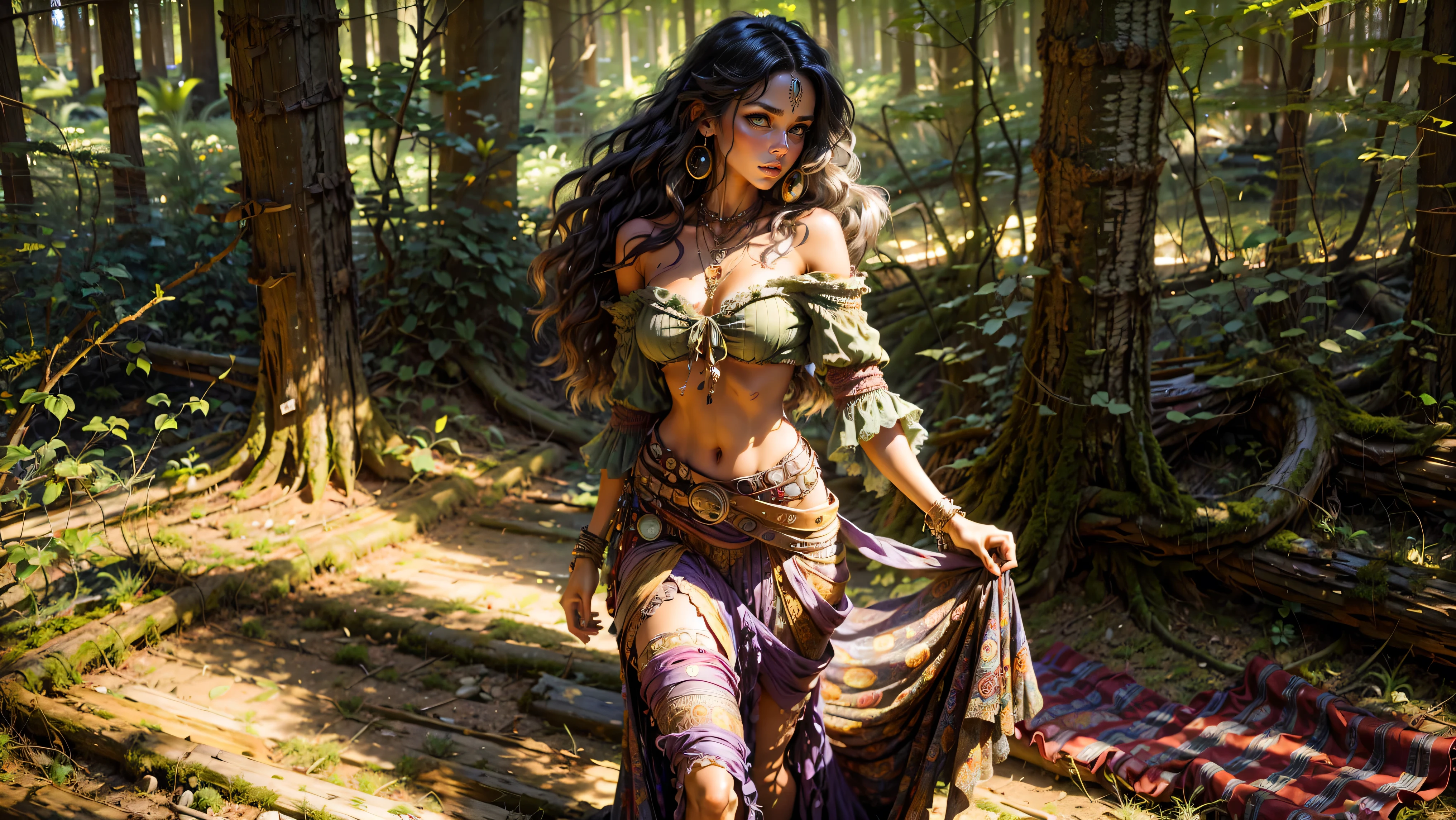 ((1girl, solo)), ((realistic)), Gypsy girl walking in the Louisiana swamp, , young girl, cute girl, fit, ((rear view looking back)), ((ass)), ((skinny)), ((small hips)), ((hair hanging straight down)), ((dark hair)), ((loose top)), midriff, ((top loosely draped over her breasts)), ((can see her breasts through her top)), looking at viewer, sexy, skirt low on hips, cowboy shot, (full body portrait), beautiful lips, sexy mouth, ribbons, beads, bangles, upper body, dark-eyed, bangs, ribbon, bayou, sunlight just leaking through, walking on wooded trail,