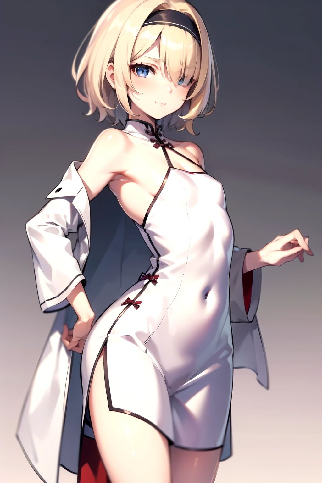 Young girl, short size, short hair, blonde, headband under the hair, hair over one eye, blue eyes, bright white skin, Chinese dress, open trench coat, narrow eyes, smug, flat chested.