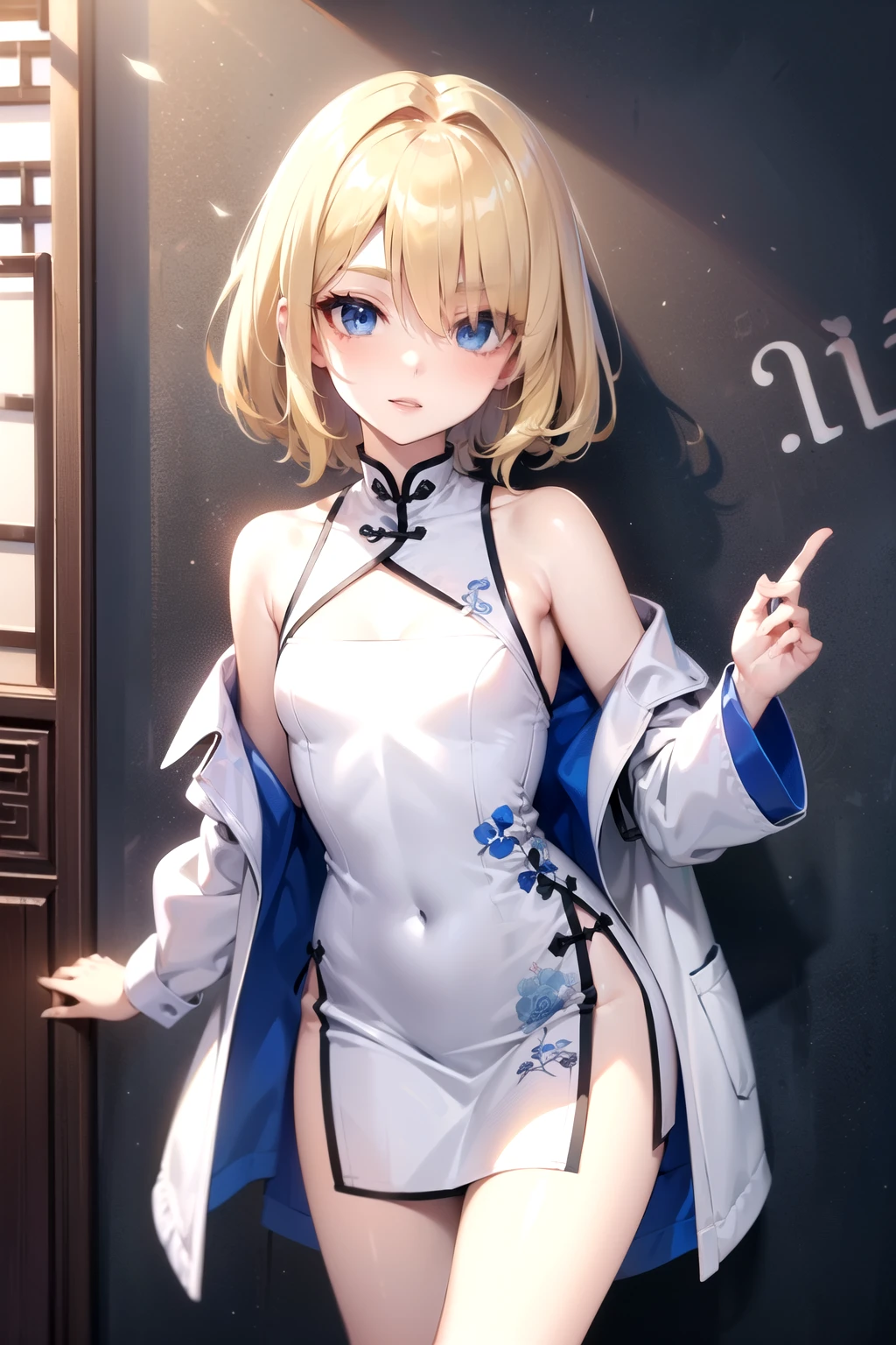 Young girl, short size, short hair, blonde, hair over one eye, blue eyes, bright white skin, Chinese dress, open trench coat, narrow eyes, smug, flat chested.