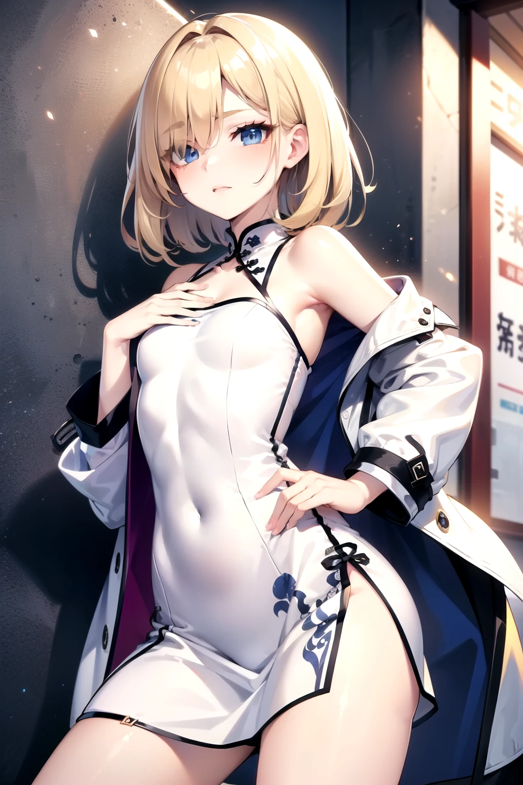 Young girl, short size, short hair, blonde, hair over one eye, blue eyes, bright white skin, Chinese dress, open trench coat, narrow eyes, smug, flat chested.