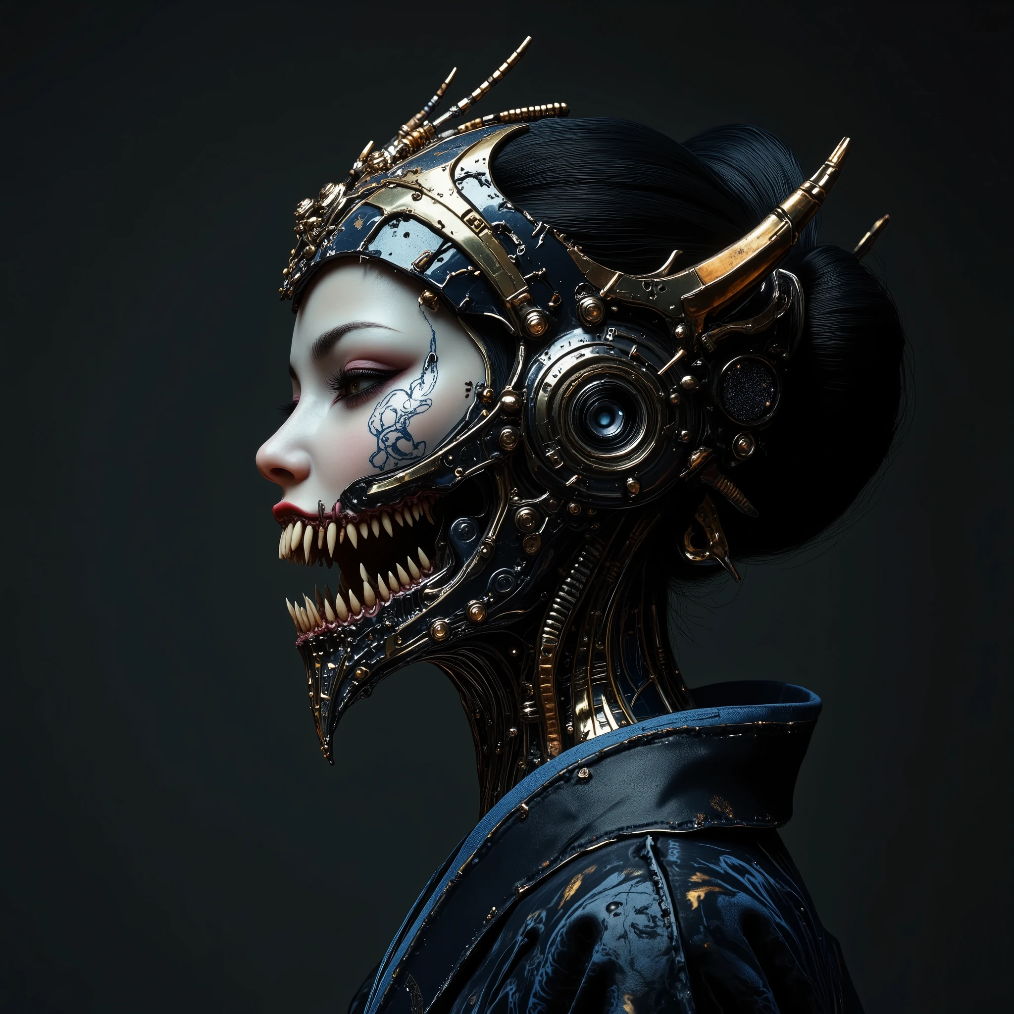 A detailed portrait of a cyborg woman in profile, her face is partially exposed, the exoskeleton of the skull and cervical spine is visible under the skin. The connections of incredibly complex micromotors and servos responsible for the movements of facial muscles and the expression of emotions are visible on the bones and muscles of the skull. Instead of an eye, an optical sensor is implanted - a round, highly sensitive, high-resolution camera that provides night vision and multiple magnification. An audio receiver is installed instead of an ear. Grooves and seams, threaded connections are visible on the skin. The artificial skin of the face and crown is covered with subtle blue patterns imitating ink painting. She has a ferocious expression on her face, her teeth are bared, and her entire lower jaw is a continuous symbiosis of organics and mechanics. She is dressed in dark, ornate kimono-style clothing. The background is simple, dark gray. High detail, 8k resolution, cinematic lighting, hyperrealism - all this is trending on artstation