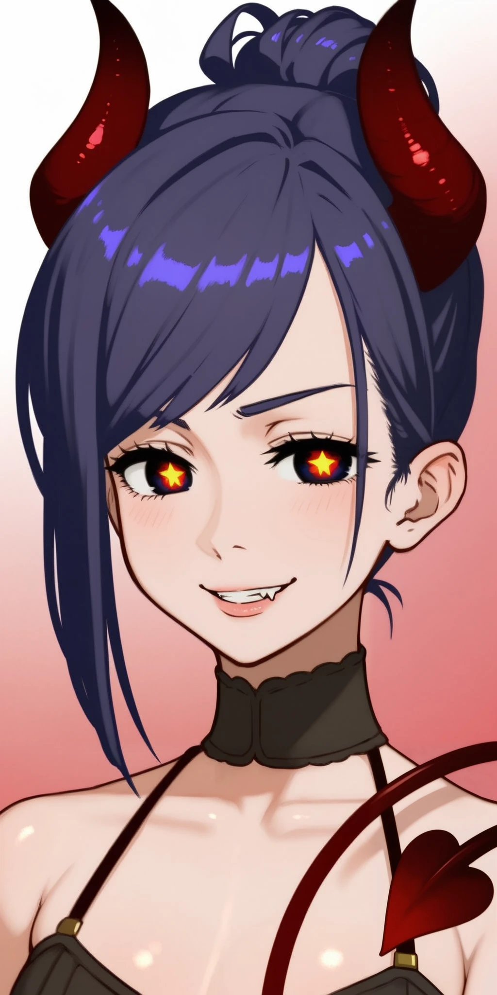  strip tease, dynamic strip tease pose, zoom out, Best quality, score_9, score_8_up, score_7_up, 1girl, demon, steampunk cloths style, demon tail, "A sleek and stylish hairstyle with red warm shiny  hair nuance. The bangs are swept back and secured, creating a clean, pulled-back look at the front. The hair is tied back neatly, leaving a smooth, slightly voluminous shape on top. Strands on the sides are subtly parted and tucked behind the ears, giving a polished yet casual vibe. The overall style emphasizes simplicity and elegance, with sharp, defined edges.", night, HD, HDR,  4k, textured skin 1.8, demon pupils, black sclera, undress, fang, ((smug :3, sufficient attitude 1.5, detailled lips 1.5, warm light 2.8)), drop shadow 1.5, (tied hair)
