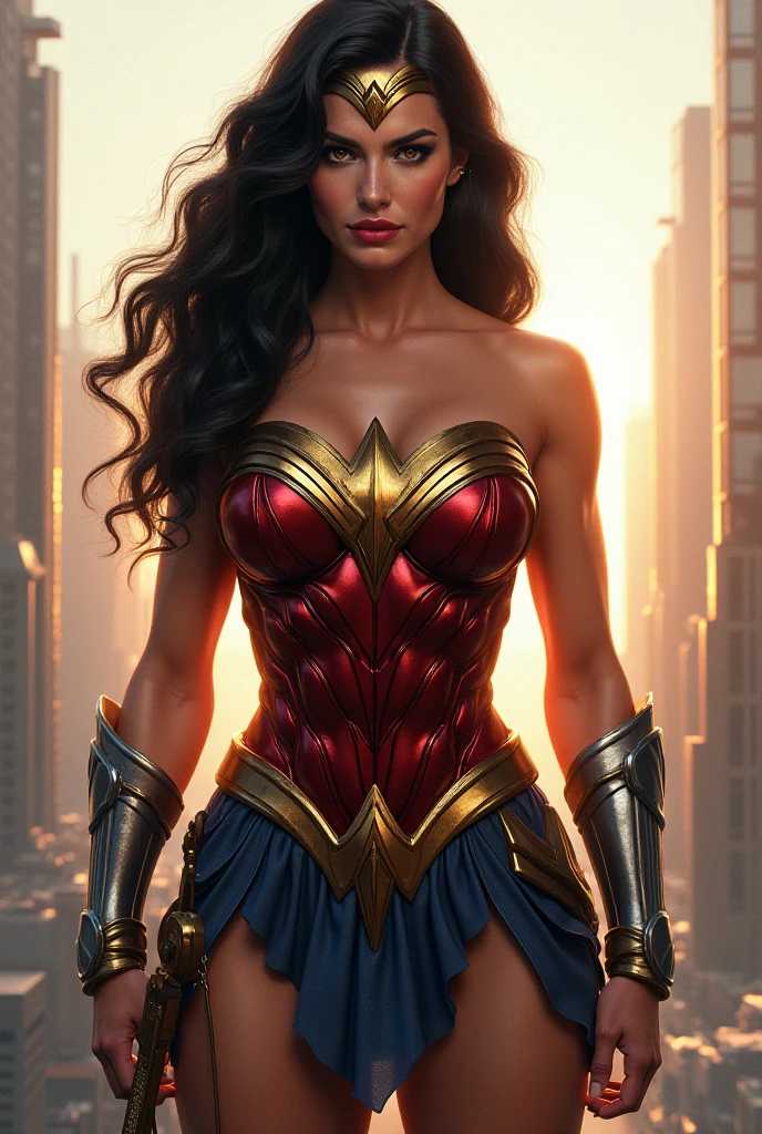 Cinematic soft lighting illuminates a stunningly detailed and ultra-realistic Wonder Woman bodybuilder, muscular, red and blue armor that is trending on ArtStation. Octane is the perfect tool to capture the softest details of this 16k photography masterpiece