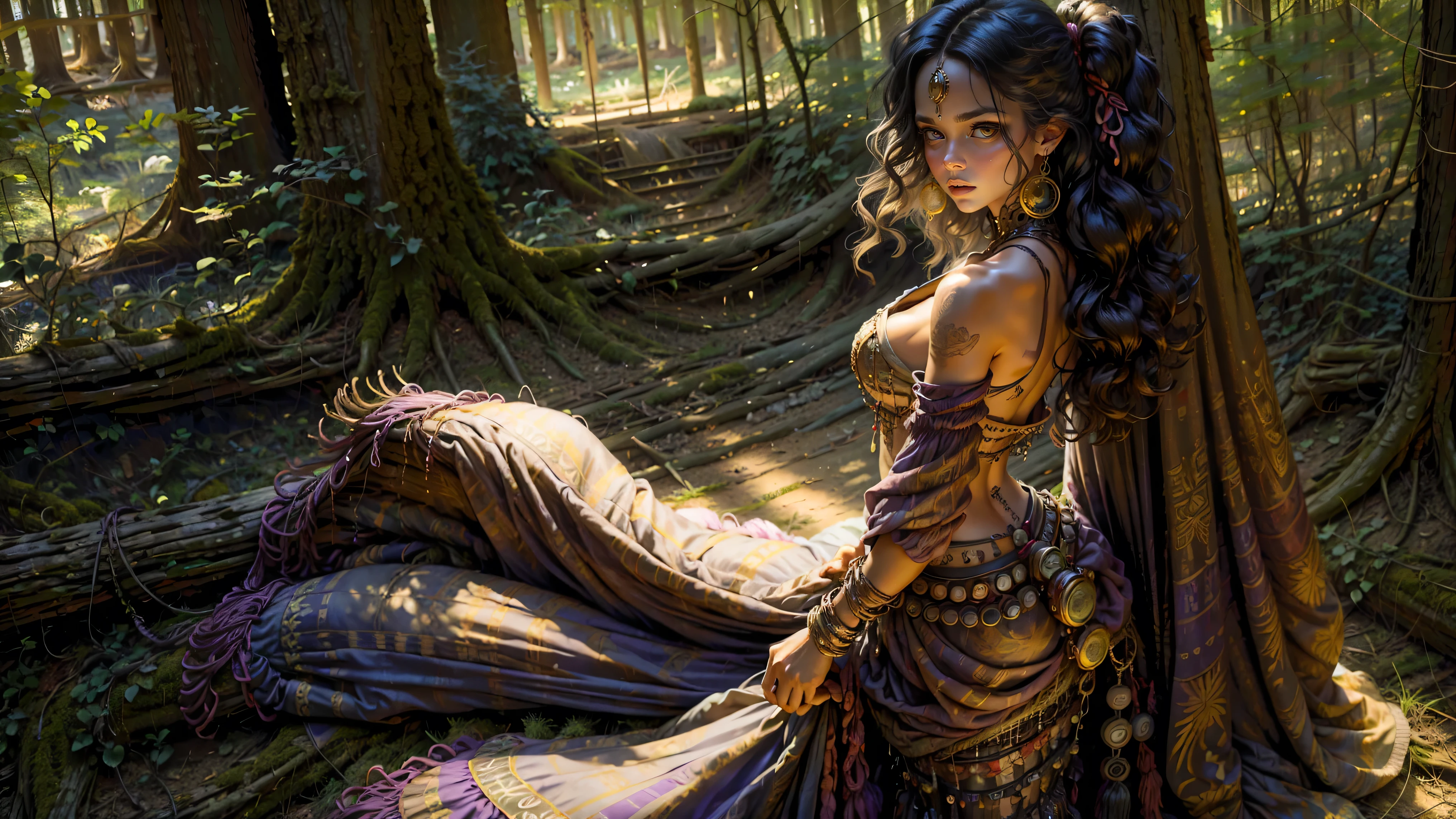 ((1girl, solo)), ((realistic)), Gypsy girl walking in the Louisiana swamp, , young girl, cute girl, fit, ((rear view looking back)), ((ass)), ((skinny)), ((small hips)), ((hair hanging straight down)), ((dark hair)), ((loose top)), midriff, ((top loosely draped over her breasts)), ((can see her breasts through her top)), looking at viewer, sexy, skirt low on hips, cowboy shot, (full body portrait), beautiful lips, sexy mouth, ribbons, beads, bangles, upper body, dark-eyed, bangs, ribbon, bayou, sunlight just leaking through, walking on wooded trail,