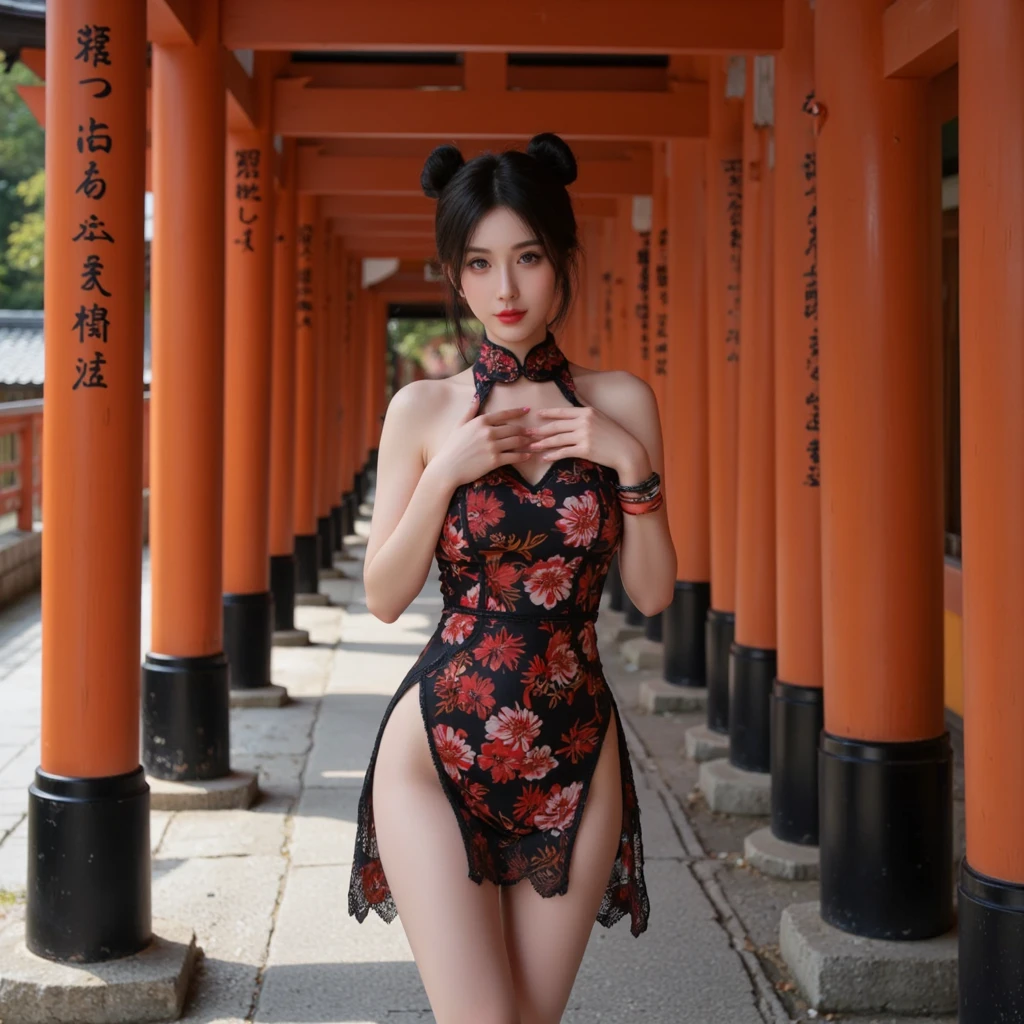 Photo taken from below on the cobblestones outside the Qing Dynasty palace、Empress Qing Dynasty、A nude model wearing a red Manchu outfit with a flashy floral pattern, decorated with large, flashy flowers and a hairpin, her hair tied up and pulled up, crawling on all fours and showing only her bare buttocks, with her profile visible.、
