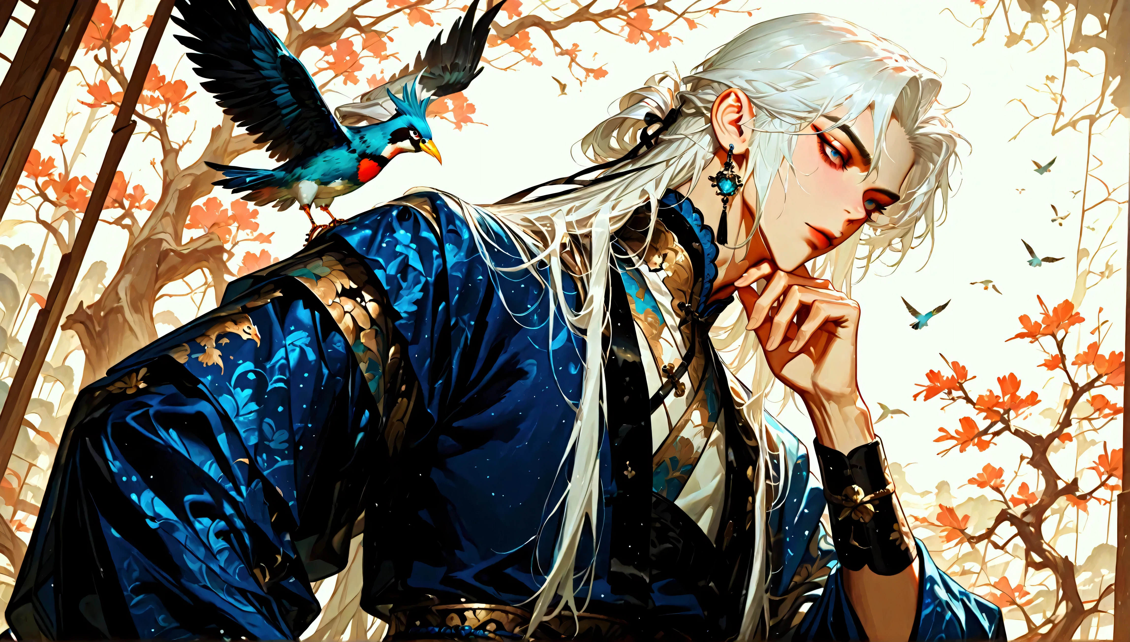 Painting of a man with long white hair, beautiful oriental man, artwork in the style of guweiz, beautiful character painting, anime illustration, antiquity, Tang Dynasty Clothing, ((extremely detailed face)), Phoenix eyes, long white hair, ((blue eyes)), beautiful man, dynamic pose, (((man))), ((clean face)), birds in the background, (1male), dynamic pose, ((Dutch angle)), mountains in the background