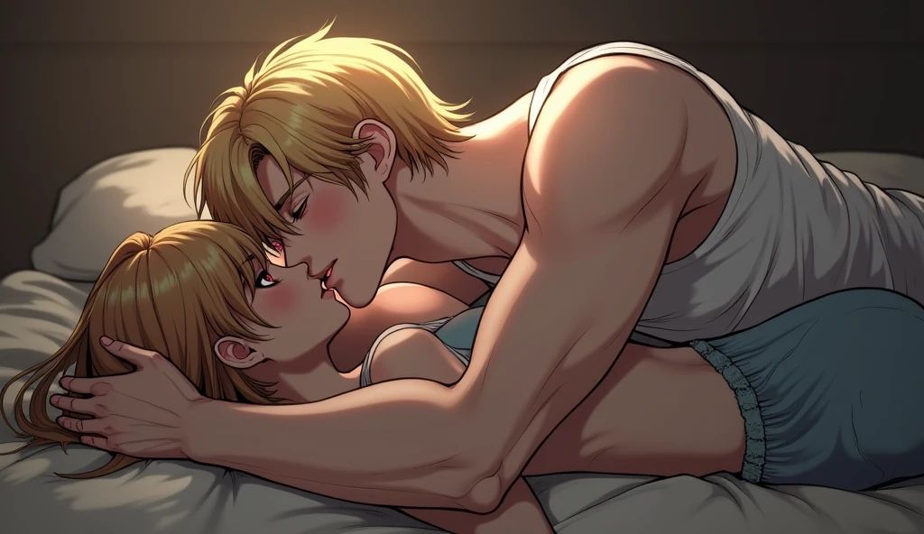 Mother and son, blond short hair, (nudity:1.3), blue eyes, blush nose,  hugging each other, lying down on bed