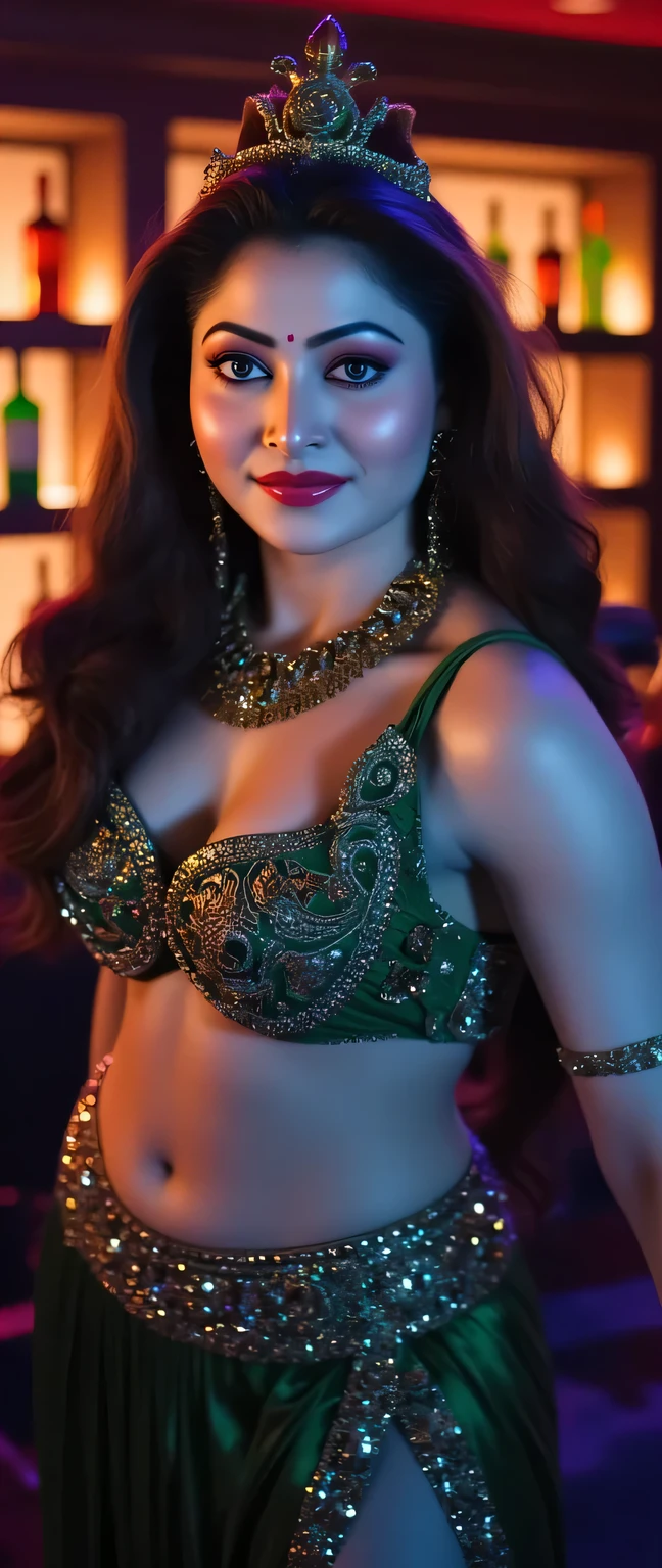 a powerful goddess durga, holding a trishul, in a bar setting with wine bottles in the background, beautiful detailed eyes, beautiful detailed lips, extremely detailed face and portrait, long eyelashes, cinematic lighting, intricate details, hyper-detailed, photorealistic, 8k, masterpiece, stunning colors, dramatic lighting, chiaroscuro, oil painting,
