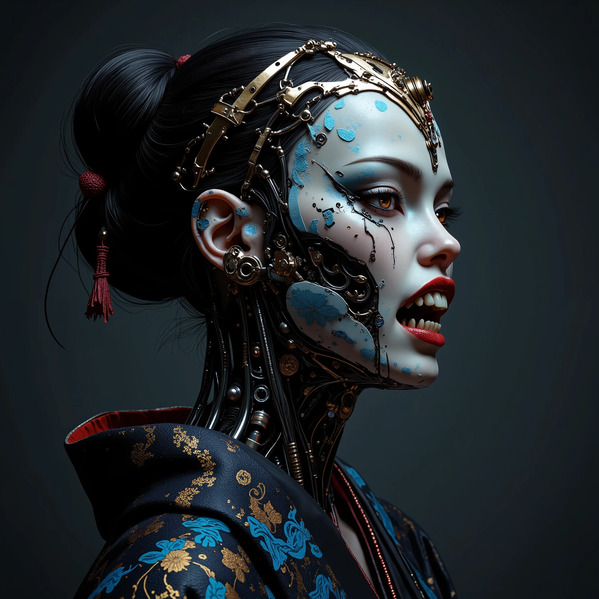 A detailed portrait of a cyborg woman in profile, her face is partially exposed, the exoskeleton of the skull and cervical spine is visible under the skin. The connections of incredibly complex micromotors and servos responsible for the movements of facial muscles and the expression of emotions are visible on the bones and muscles of the skull. Instead of an eye, an optical sensor is implanted - a round, highly sensitive, high-resolution camera that provides night vision and multiple magnification. An audio receiver is installed instead of an ear. Grooves and seams, threaded connections are visible on the skin. The artificial skin of the face and crown is covered with subtle blue patterns imitating ink painting. She has a ferocious expression on her face, her teeth are bared, and her entire lower jaw is a continuous symbiosis of organics and mechanics. She is dressed in dark, ornate kimono-style clothing. The background is simple, dark gray. High detail, 8k resolution, cinematic lighting, hyperrealism - all this is trending on artstation
