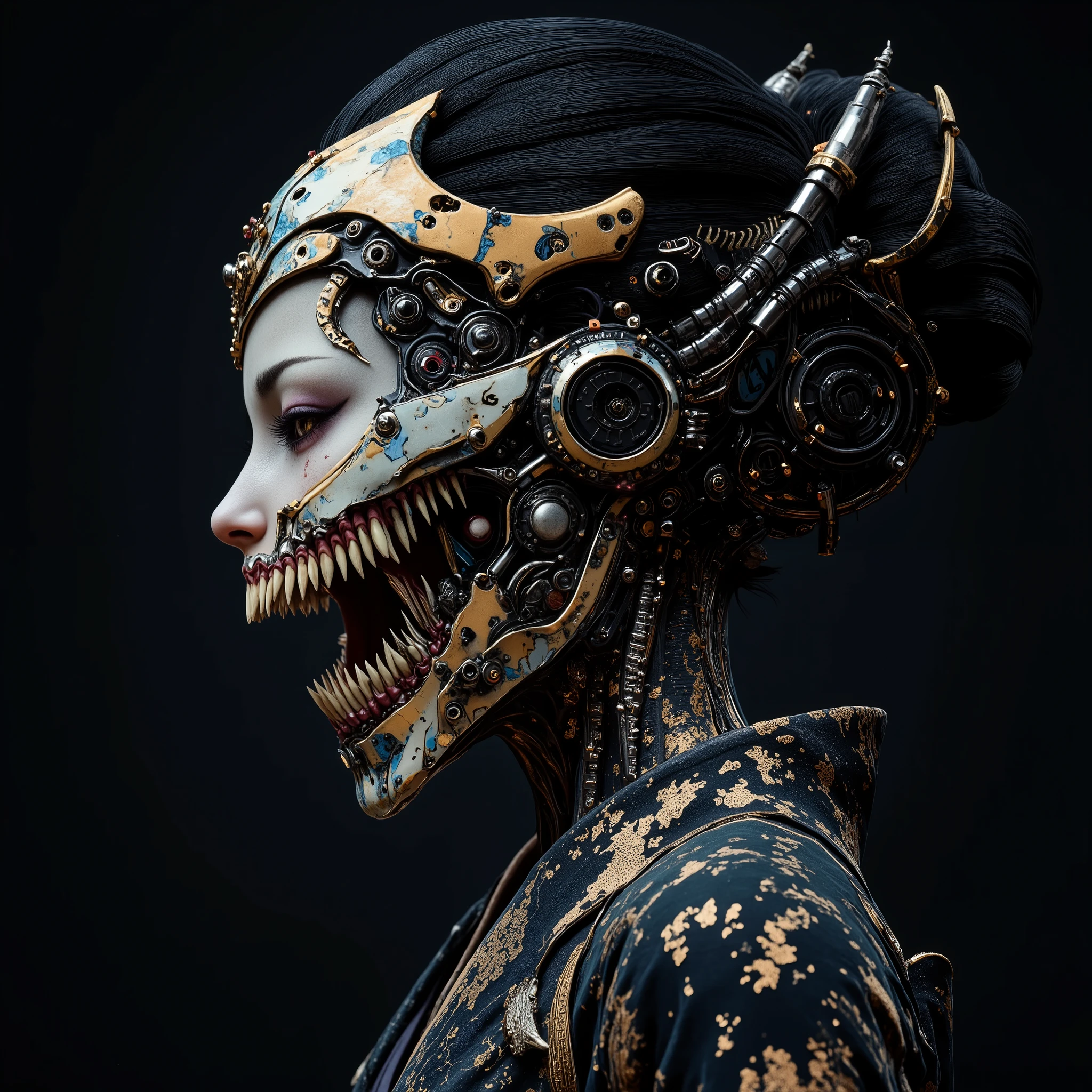 A detailed portrait of a cyborg woman in profile, her face is partially exposed, the exoskeleton of the skull and cervical spine is visible under the skin. The connections of incredibly complex micromotors and servos responsible for the movements of facial muscles and the expression of emotions are visible on the bones and muscles of the skull. Instead of an eye, an optical sensor is implanted - a round, highly sensitive, high-resolution camera that provides night vision and multiple magnification. An audio receiver is installed instead of an ear. Grooves and seams, threaded connections are visible on the skin. The artificial skin of the face and crown is covered with subtle blue patterns imitating ink painting. She has a ferocious expression on her face, her teeth are bared, and her entire lower jaw is a continuous symbiosis of organics and mechanics. She is dressed in dark, ornate kimono-style clothing. The background is simple, dark gray. High detail, 8k resolution, cinematic lighting, hyperrealism - all this is trending on artstation