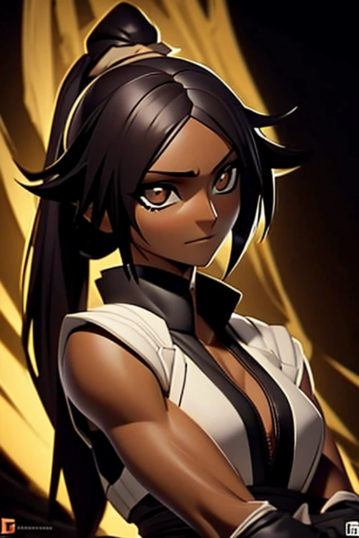 <lora:android21-nvwls-v1:1> Android 21, 1Girl, Solo, Detailed Eyes, (((Dark Skin))), ((((Black Hair)))), orange Eyes, corneo_yoruichi, High Heel Shoes, upper body, medium breasts, standing, city street, looking at viewer, detailed hands, innocent smile, ((masterpiece)), ((Extremely Detailed)), ((Best Quality)), ((Masterpiece)), ((Realistic)), <lora:nomura_tetsuya_offset:1> nomura tetsuya