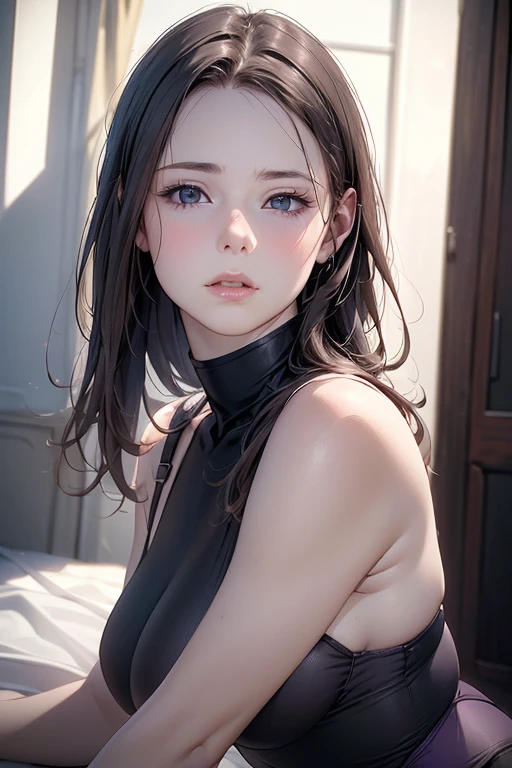 Sexy woman, bully, acting playful, seductive eyes, intense gaze, small room, bedroom, long lustrous black hair, sexy black dress, amazing makeup
