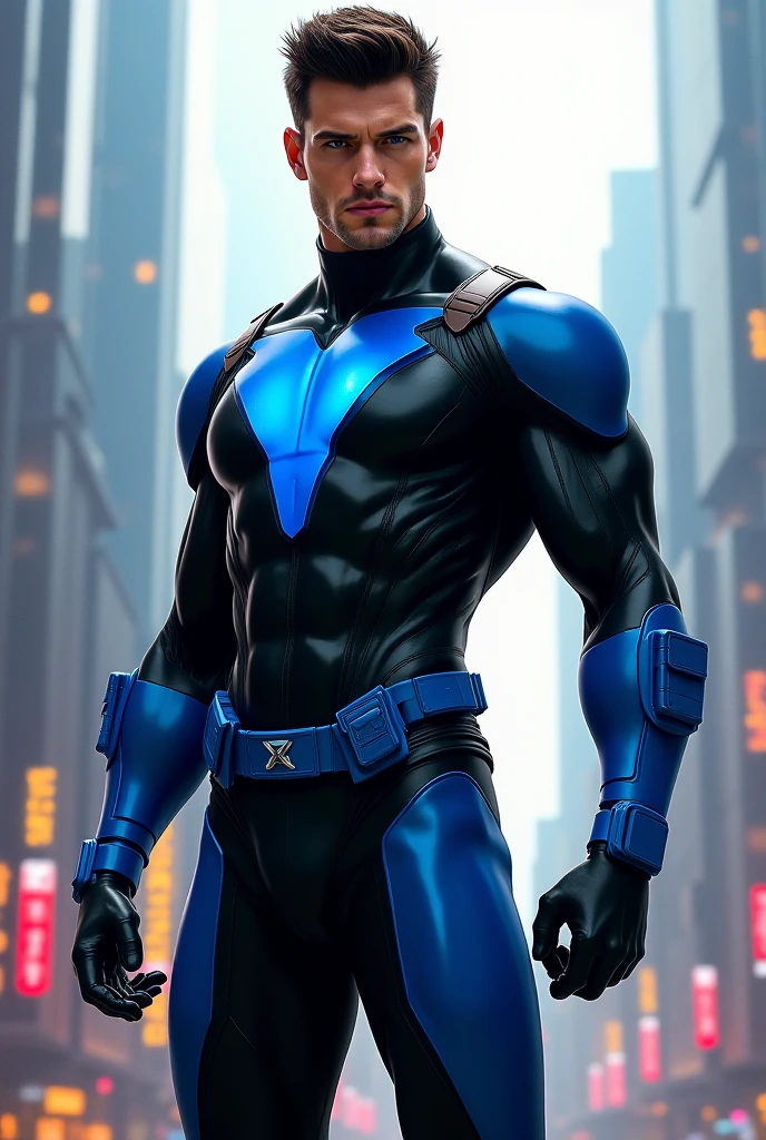  Quarter body photorealistic handsome hunky masculine Teen titans Young Nightwing ,,  unreal engine, extremely attractive male wearing black and blue micro scales transparent mesh bodysuit with gloves and belt, , black mask,, ,extremely masculine physique, intricately detailed metal body armour, super bulge, realistic skin, short tousled hair, fantasy background