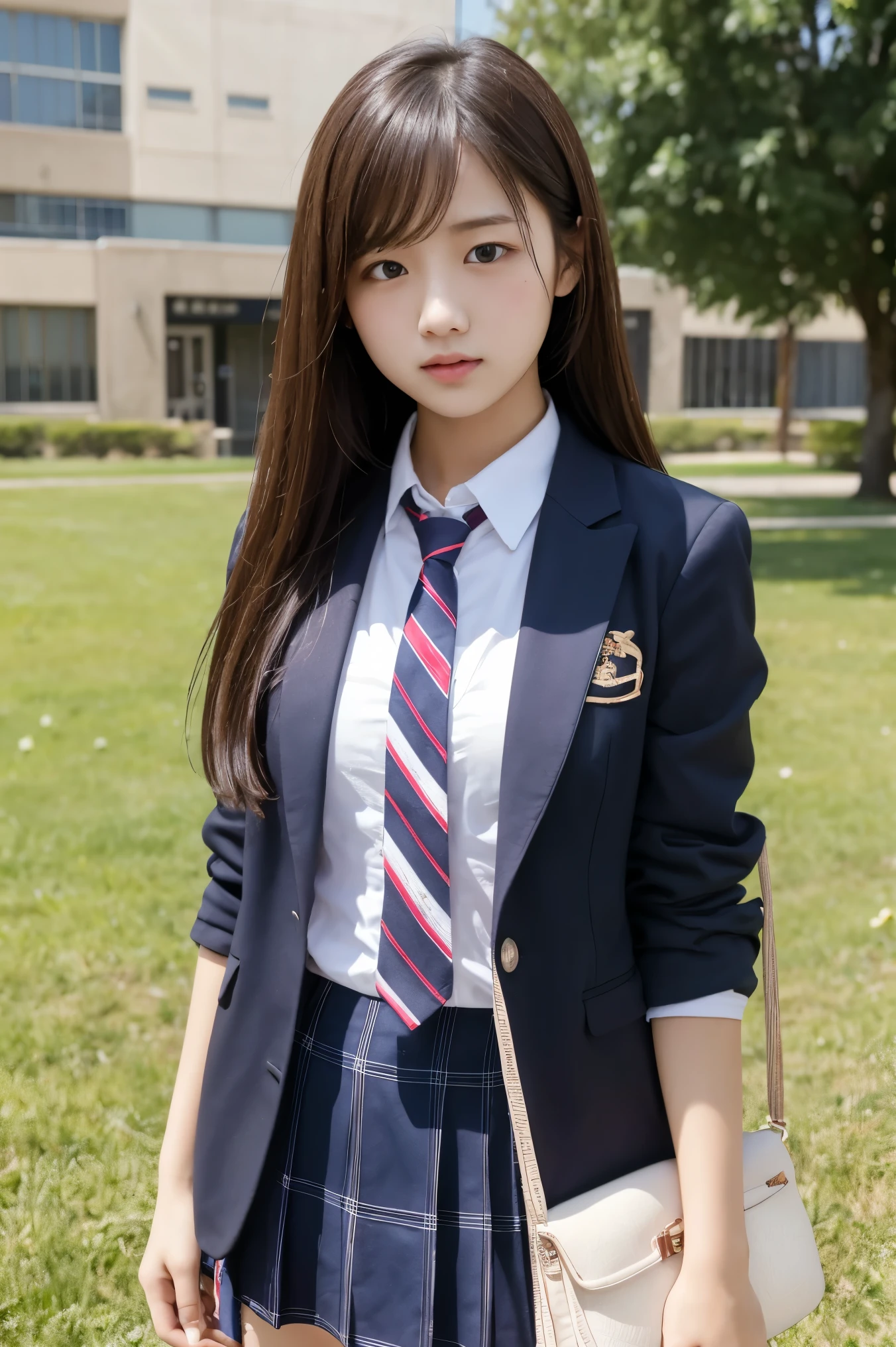 (masterpiece:1.2), Japanese, (18 years old), (((a girl))), (school blazer uniform), collared shirt, outdoor, plump, sunshine,