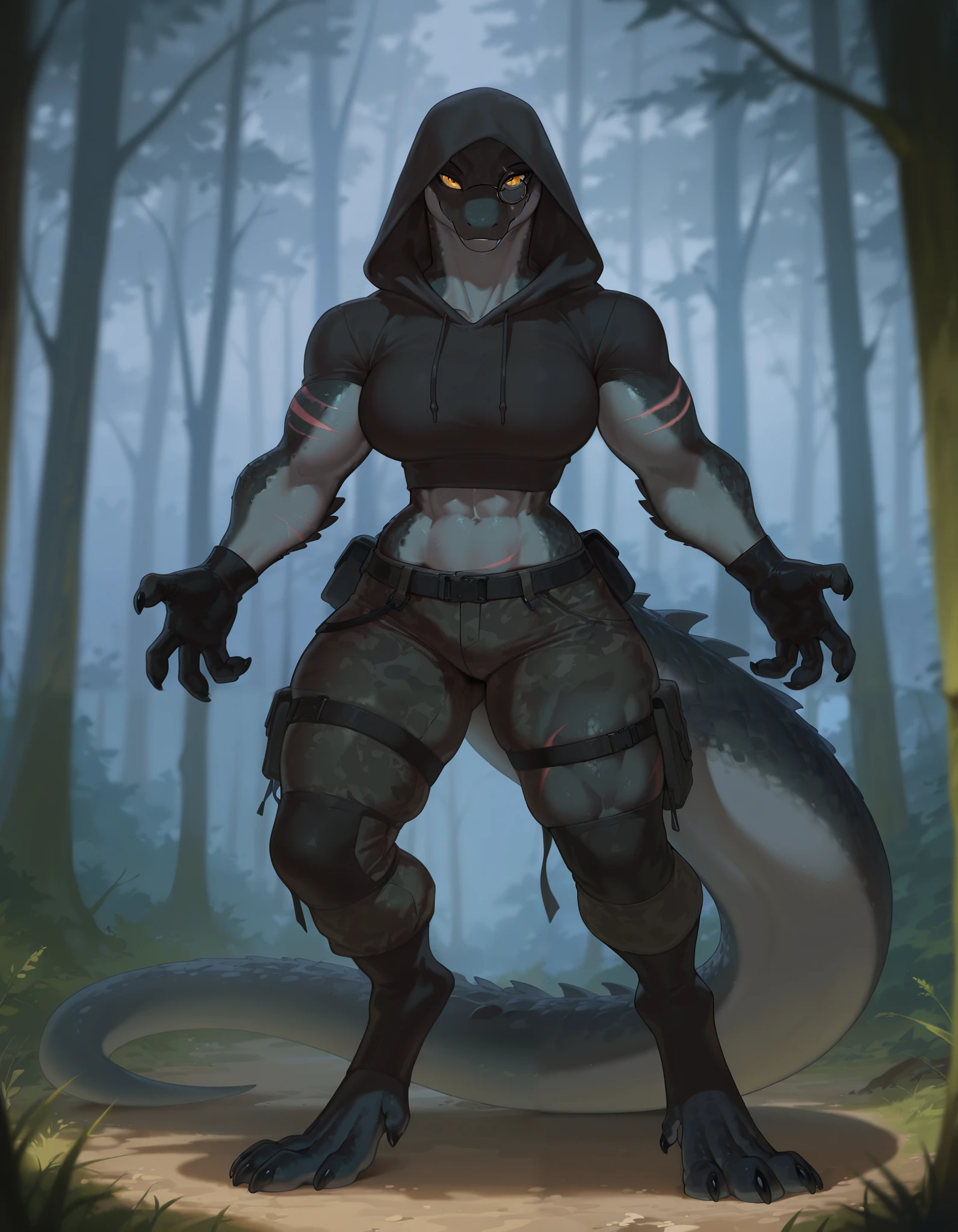 masterpiece, best quality, amazing quality, very aesthetic, absurdres, newest, scenery, extreme detail, 8k, detailed eyes, yellow eyes, by Riolutiny, anthro, reptile, female, scalie, lizard, solo, detailed scales, yellow eyes, dark green black body, thick tail, wearing black hoodie, military pants, wearing black gloves, spiky head, strong, muscular, curvy, masculine female, thick scales on arms and legs, muscular legs, proporcional body, wide chest, trapezoid body type, tribal marks on the body, abs, marked jaw, scars on body and arms, forest background, looking at viewer, front view, wearing black monocle
a muscular, anthropomorphic lizard-like creature, lizardfolk
The creature has a reptilian head, prominent eyes.
Its body is covered in scales, with a color scheme that includes shades of black and gray.
The creature has a long, powerful tail and clawed hands and feet.
Its musculature is well-defined, indicating strength and agility.
The creature is posed in a way that showcases its physique, with a confident stance.