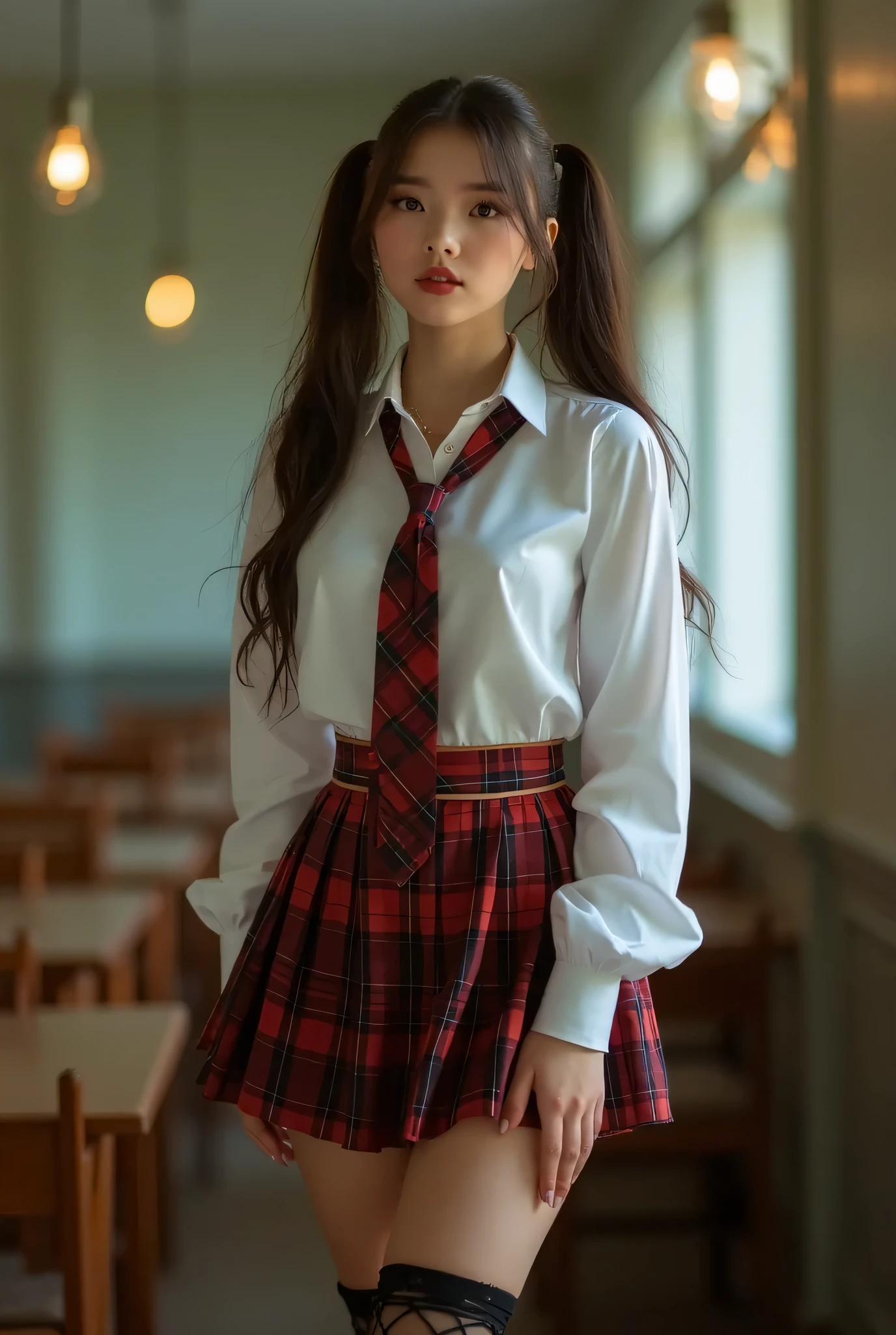 (long range:1.3), (full body:2.0), (Taylor Swift:Dove Cameron:05), super young girl, daddy's jailbait stepdaughter, super slutty, seductive, ((extremely huge massive breasts:1.3)), ((extremely huge long deep cleavage:1.3)), male gaze, erotic glamour photograph, (school photo), (in school),( slim waist:1.5) , bare heavily muscled belly, ultra mini skirt, plaid skirt, white shirt, beautiful lighting, school tie in her neck, eyes extremely high, two ponytails hairstyle, Lifts random split Skirt.,Long stockings, garter belt, intricate background, highly detailed background, ((very detailed)), ((Ultra realistic)), ((high resolution)), vivid colors, David Hamilton, Russell James, Amber Asaly, Sony Alpha 7 IV camera, 85mm lens, 32K UHD, ultra high resolution digital image, (smooth digital image), highly detailed, shallow DOF, Russ Meyer huge breast exploitation style, taySwift, D0V3C