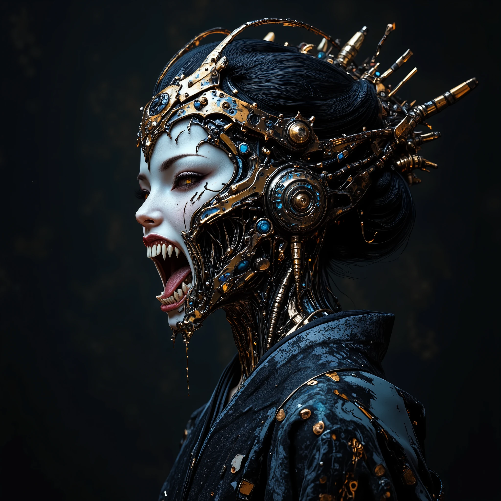 A detailed portrait of a cyborg woman in profile, her face is partially exposed, the exoskeleton of the skull and cervical spine is visible under the skin. The connections of incredibly complex micromotors and servos responsible for the movements of facial muscles and the expression of emotions are visible on the bones and muscles of the skull. Instead of an eye, an optical sensor is implanted - a round, highly sensitive, high-resolution camera that provides night vision and multiple magnification. An audio receiver is installed instead of an ear. Grooves and seams, threaded connections are visible on the skin. The artificial skin of the face and crown is covered with subtle blue patterns imitating ink painting. She has a ferocious expression on her face, her teeth are bared, and her entire lower jaw is a continuous symbiosis of organics and mechanics. She is dressed in dark, ornate kimono-style clothing. The background is simple, dark gray. High detail, 8k resolution, cinematic lighting, hyperrealism - all this is trending on artstation
