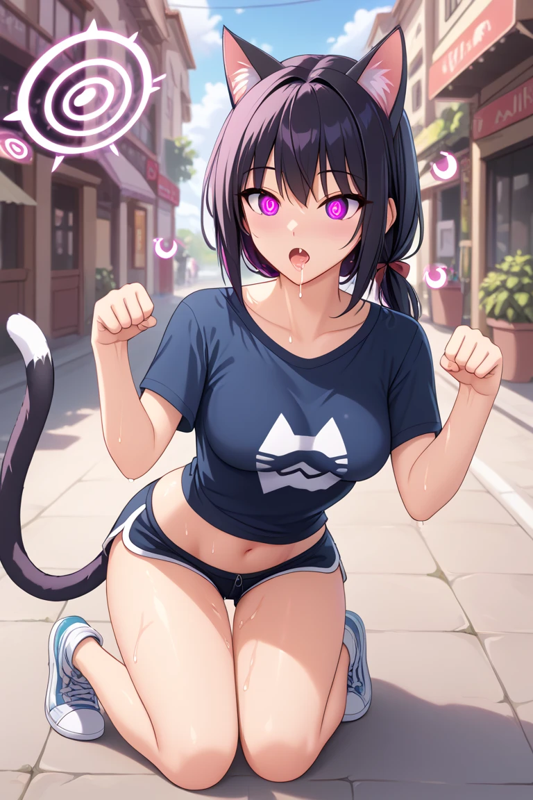 (best quarity,ultra detailed,ultra-high-resolution, absolutely resolution,8k, masterpiece),anime,(pale colors:1.8),long shot, 1girl, solo, fullbody, cat mouth, dynamic angle, grin, smile, fang, dancing, blue hair, bobcut, straight hair, racoon ears, racoon tail, (brown streaked hair:1.3), (blunt bangs) ,thick eyebrows, big breast, tanktop, sneakers, racoon tattoo, cutout, flower hair ornament, striped background, shadow,
