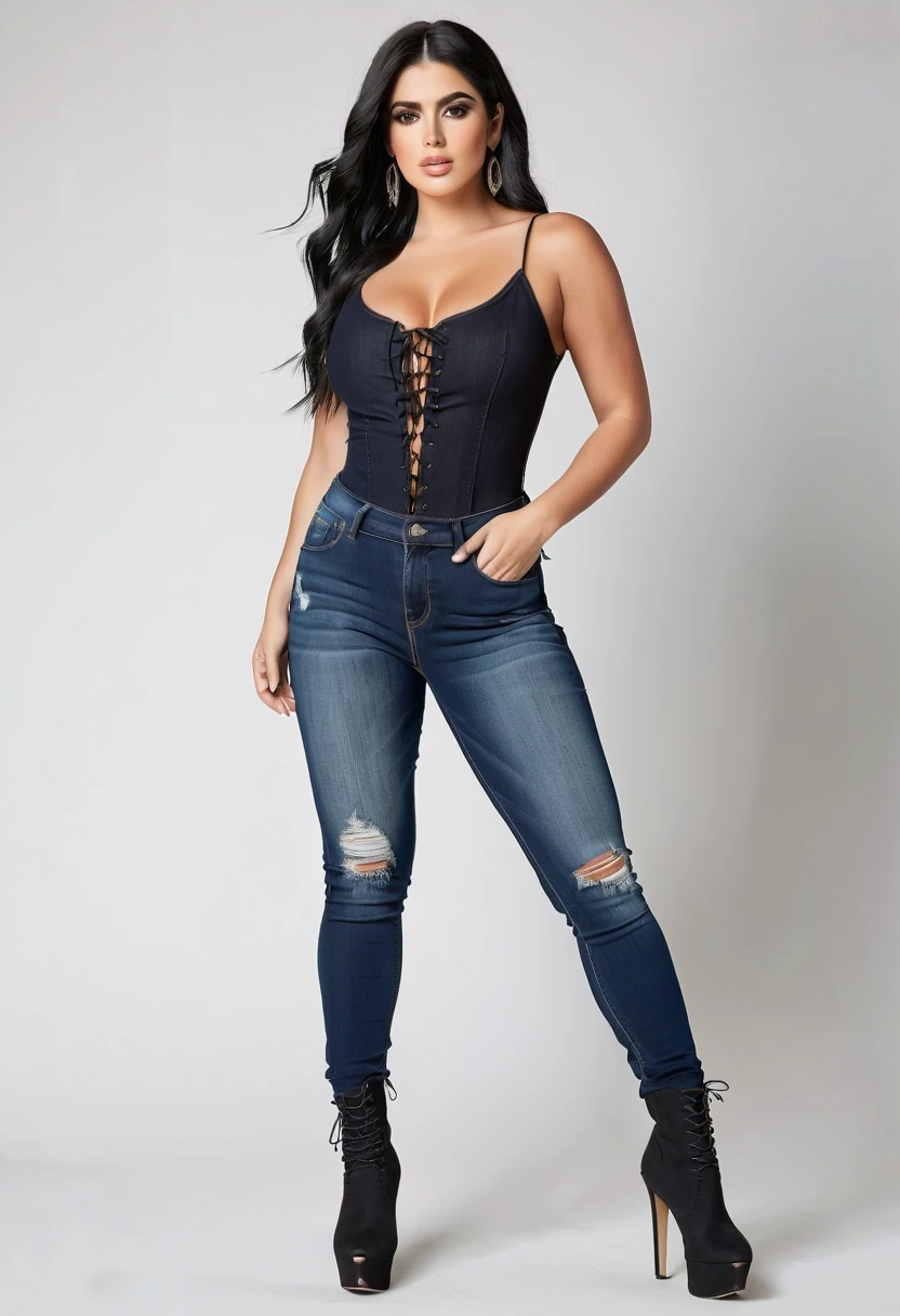 A woman is standing at the famous suspended restaurant 3000 feet above the ground in Los Angeles facing the camera with an attractive and seductive look and looking at the camera.. long straight black hair, black eyes, well-defined shoulders, a red denim overall with half straps, the straps falling on the hands.(Just wearing jeans, no clothes underneath: ۱.۳) Shiny fabric color, happy, smiling, doll, prominent chest, obvious navel. Hourglass body. Okay, may 
