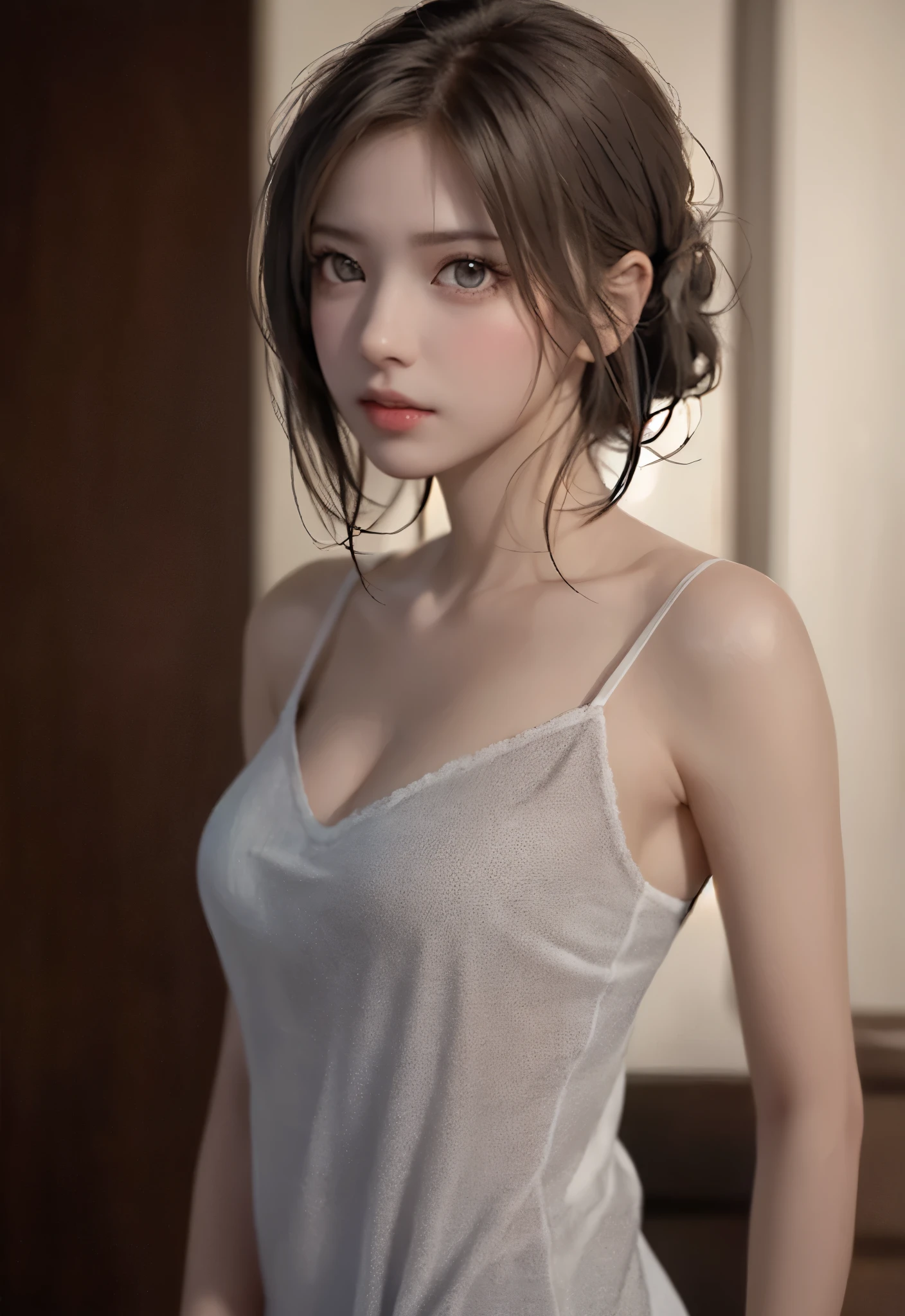 1womanl, up of face, mideum breasts, light brown hair, Blunt bangs, hair behind ear, hair over shoulder, Long hair, slender body shape, Ultra Fine Face, Thin face, Delicate lips, Beautiful eyes, thin blush, eyes are light brown, perfect glossy skin, flawless skin, Glistening sweat,View here, Ultra-thin hands, Ultra-fine fingers, best ratio four finger and one thumb, (realisitic:1.3), Finger Extensions, See-through white blouse. coniferous forest, One-person viewpoint, Fuji Film, F/1.2, 8K, masutepiece, nffsw, Super Detail, High quality, Best Quality, hight resolution,abdominals,six packs,VirtualGirl-Rin